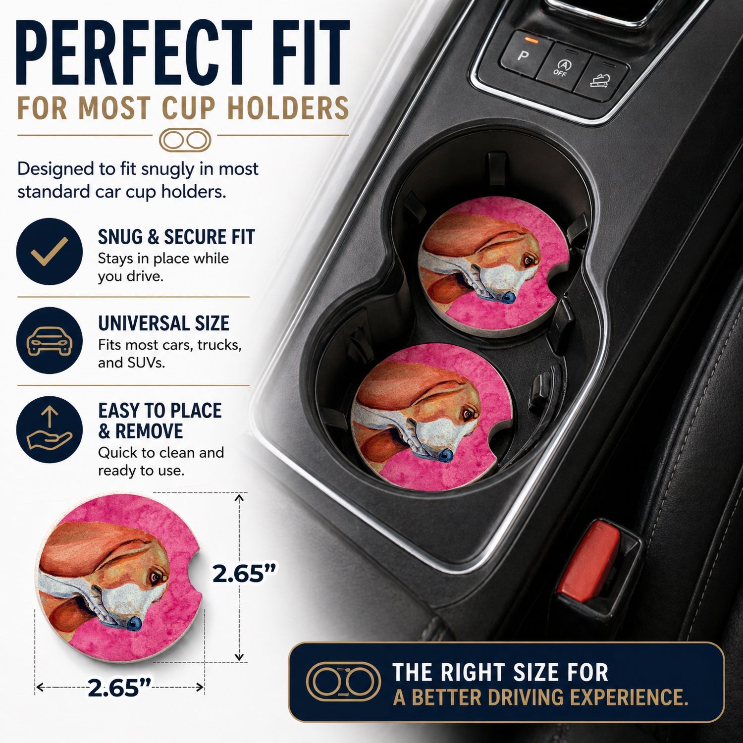 Pink Basset Hound Set of 2 Cup Holder Car Coasters Absorbent Round Sandstone Coasters Gifts for Men or Women, 2.5, Multicolor