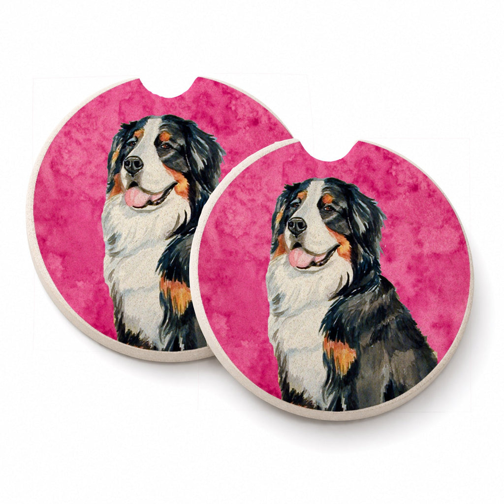 Pink Bernese Mountain Dog Set of 2 Cup Holder Car Coasters Absorbent Round Sandstone Coasters Gifts for Men or Women, 2.5, Multicolor