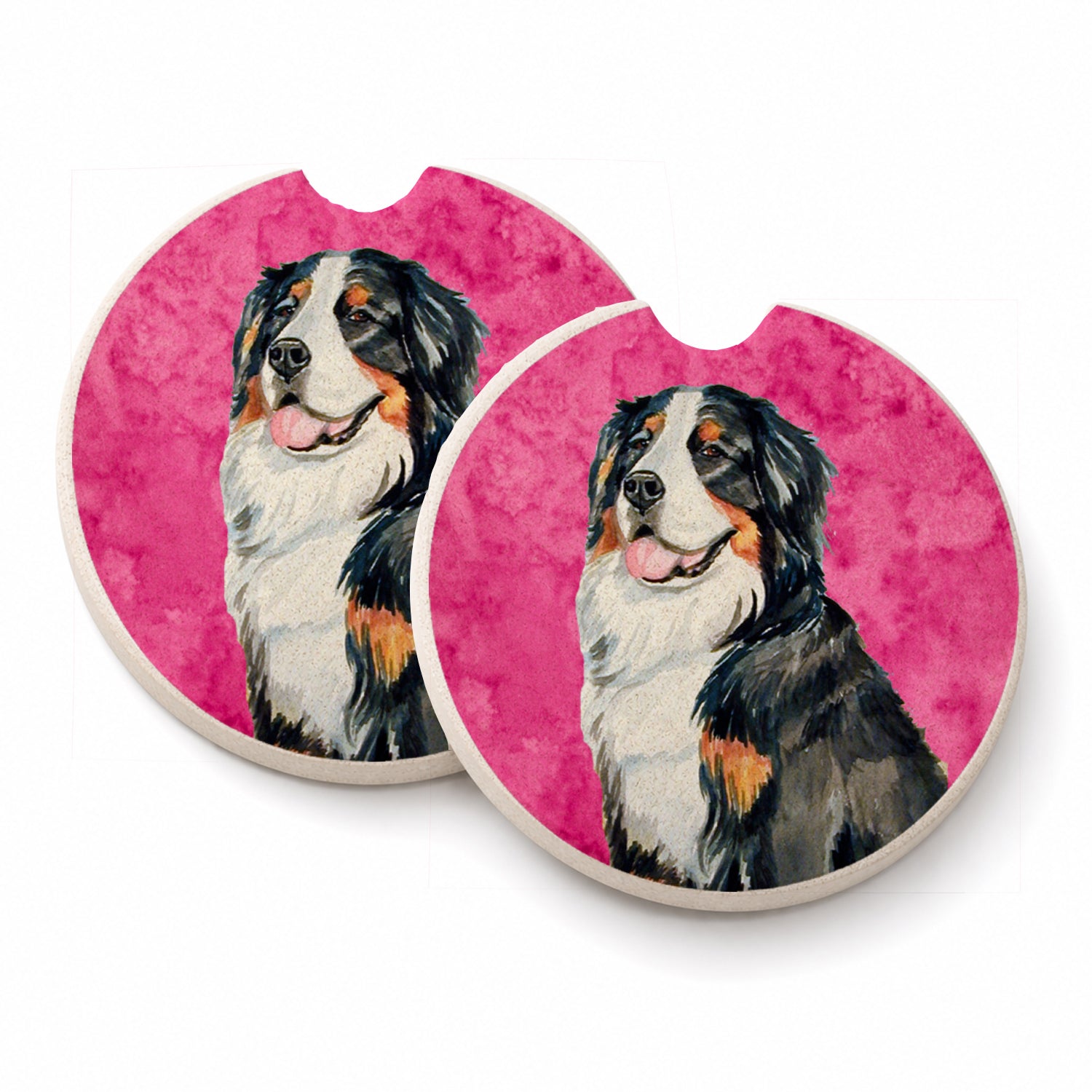 Pink Bernese Mountain Dog Set of 2 Cup Holder Car Coasters Absorbent Round Sandstone Coasters Gifts for Men or Women, 2.5, Multicolor