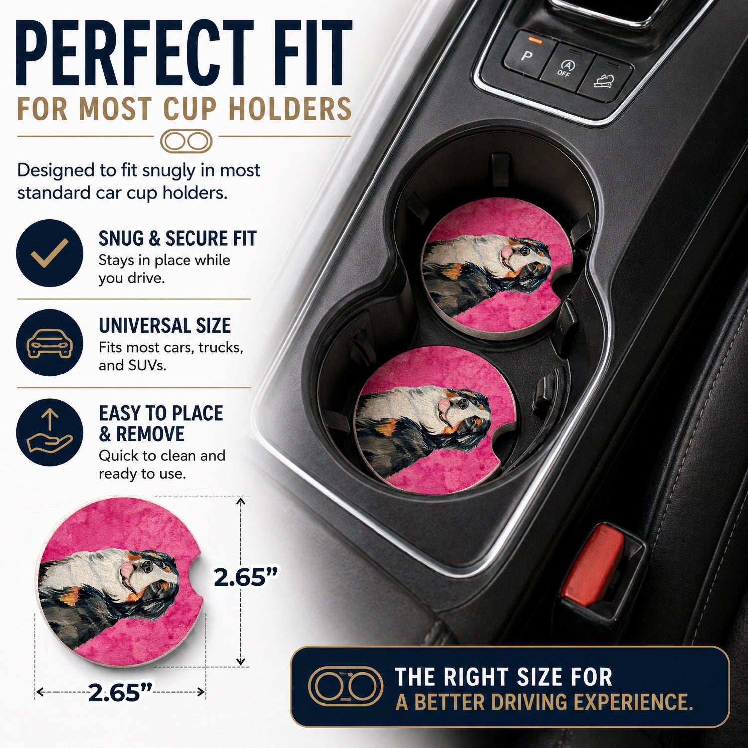 Pink Bernese Mountain Dog Set of 2 Cup Holder Car Coasters Absorbent Round Sandstone Coasters Gifts for Men or Women, 2.5, Multicolor
