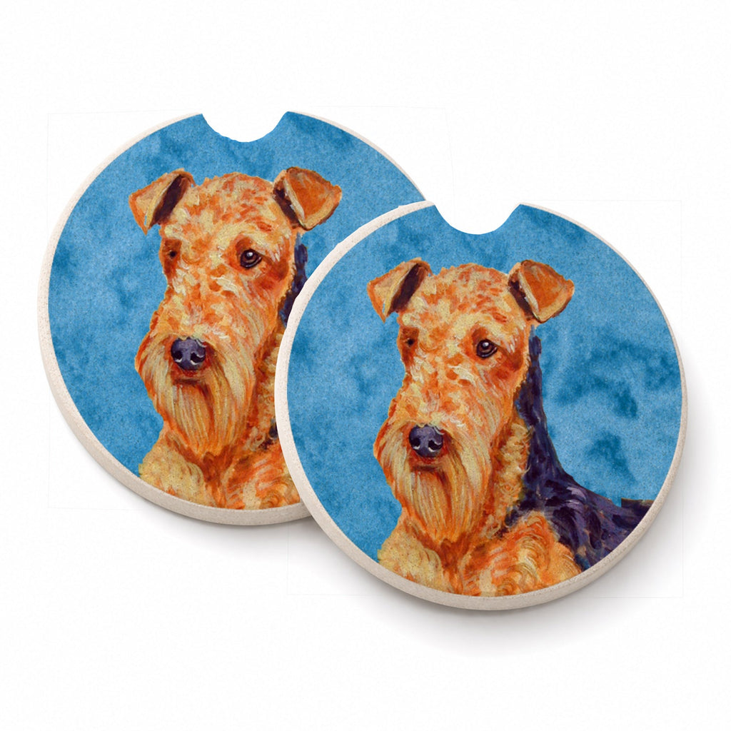 Blue Airedale Set of 2 Cup Holder Car Coasters Absorbent Round Sandstone Coasters Gifts for Men or Women, 2.5, Multicolor