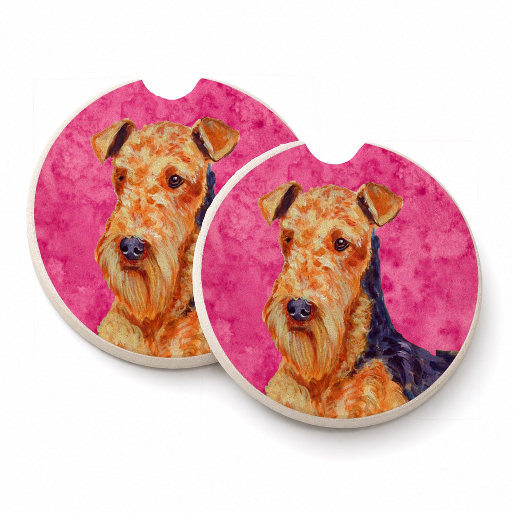Pink Airedale Set of 2 Cup Holder Car Coasters Absorbent Round Sandstone Coasters Gifts for Men or Women, 2.5, Multicolor