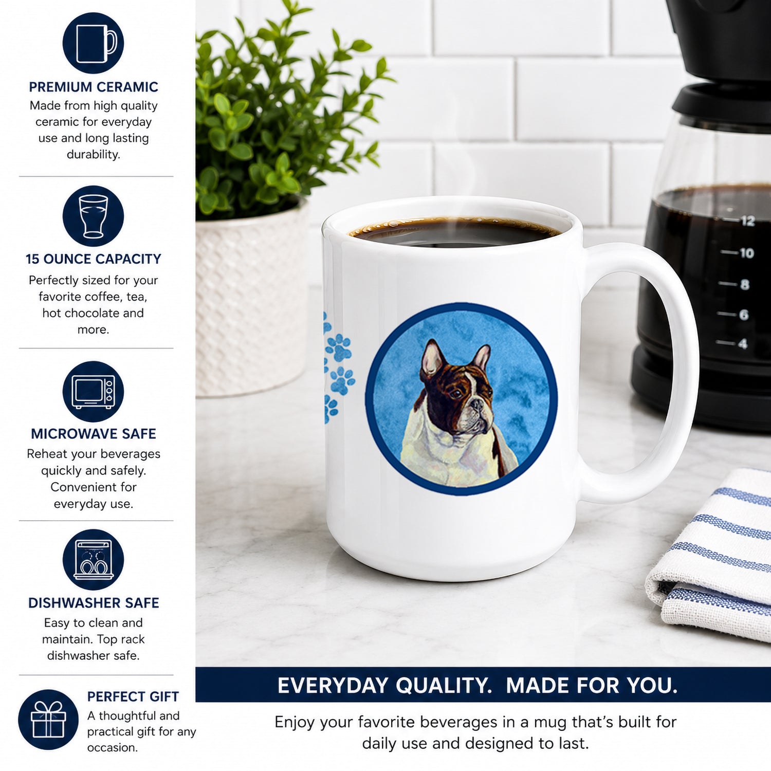 Blue French Bulldog Ceramic Coffee Mug 15 oz Decorative Large C Handle Mug Cup for Tea, Cocoa Hot Chocolate