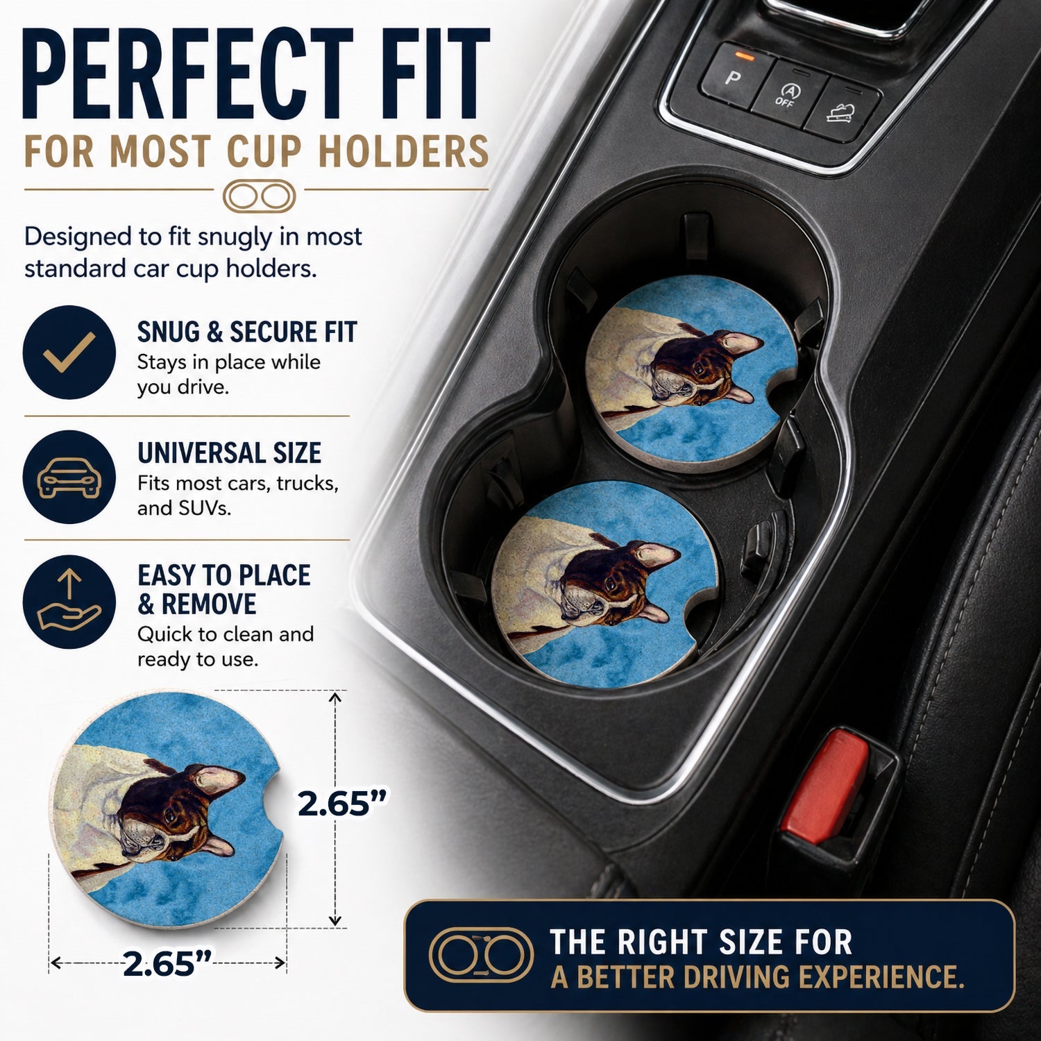Blue French Bulldog Set of 2 Cup Holder Car Coasters Absorbent Round Sandstone Coasters Gifts for Men or Women, 2.5, Multicolor