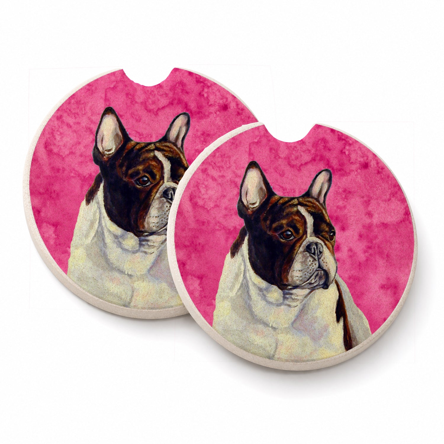 Pink French Bulldog Set of 2 Cup Holder Car Coasters Absorbent Round Sandstone Coasters Gifts for Men or Women, 2.5, Multicolor