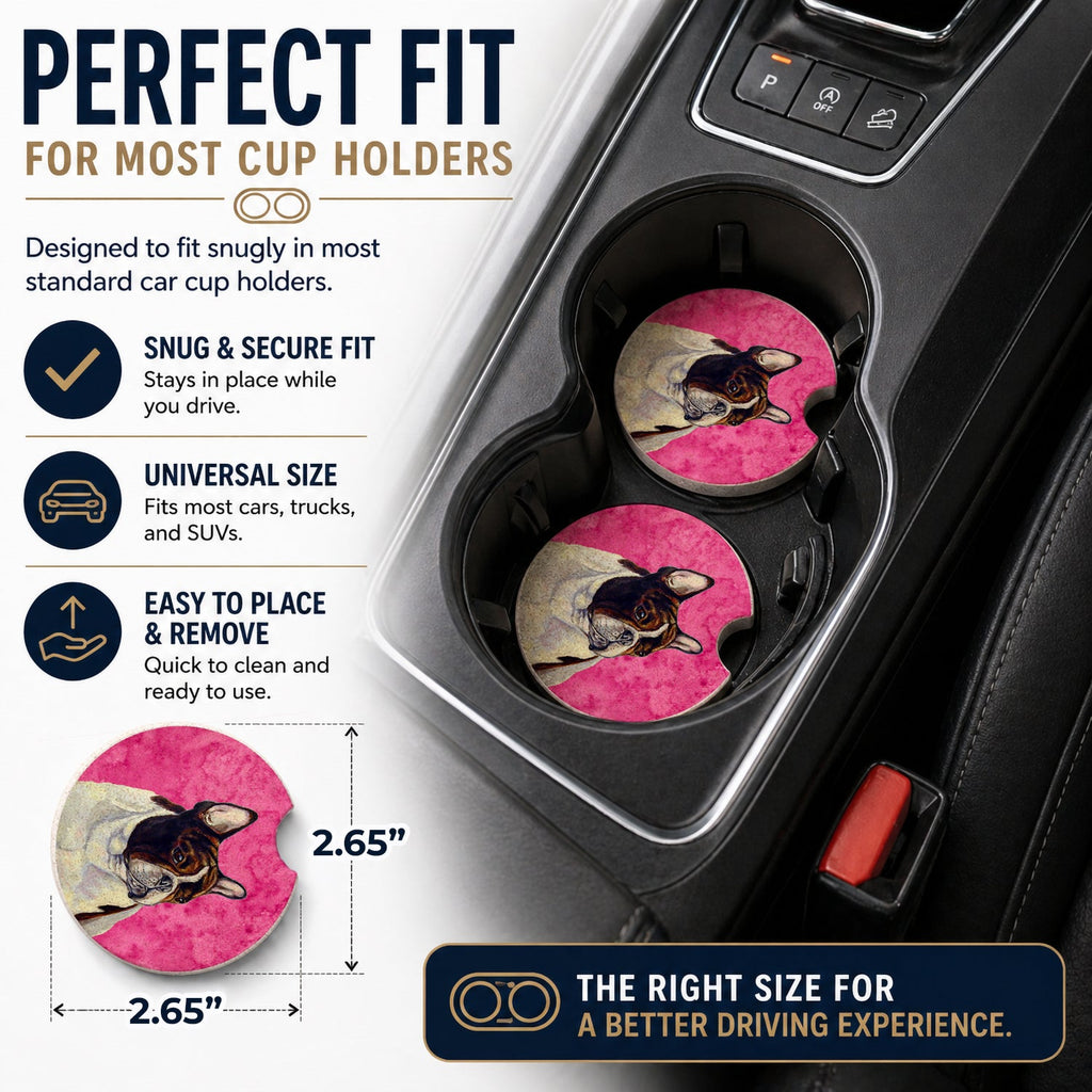 Pink French Bulldog Set of 2 Cup Holder Car Coasters Absorbent Round Sandstone Coasters Gifts for Men or Women, 2.5, Multicolor