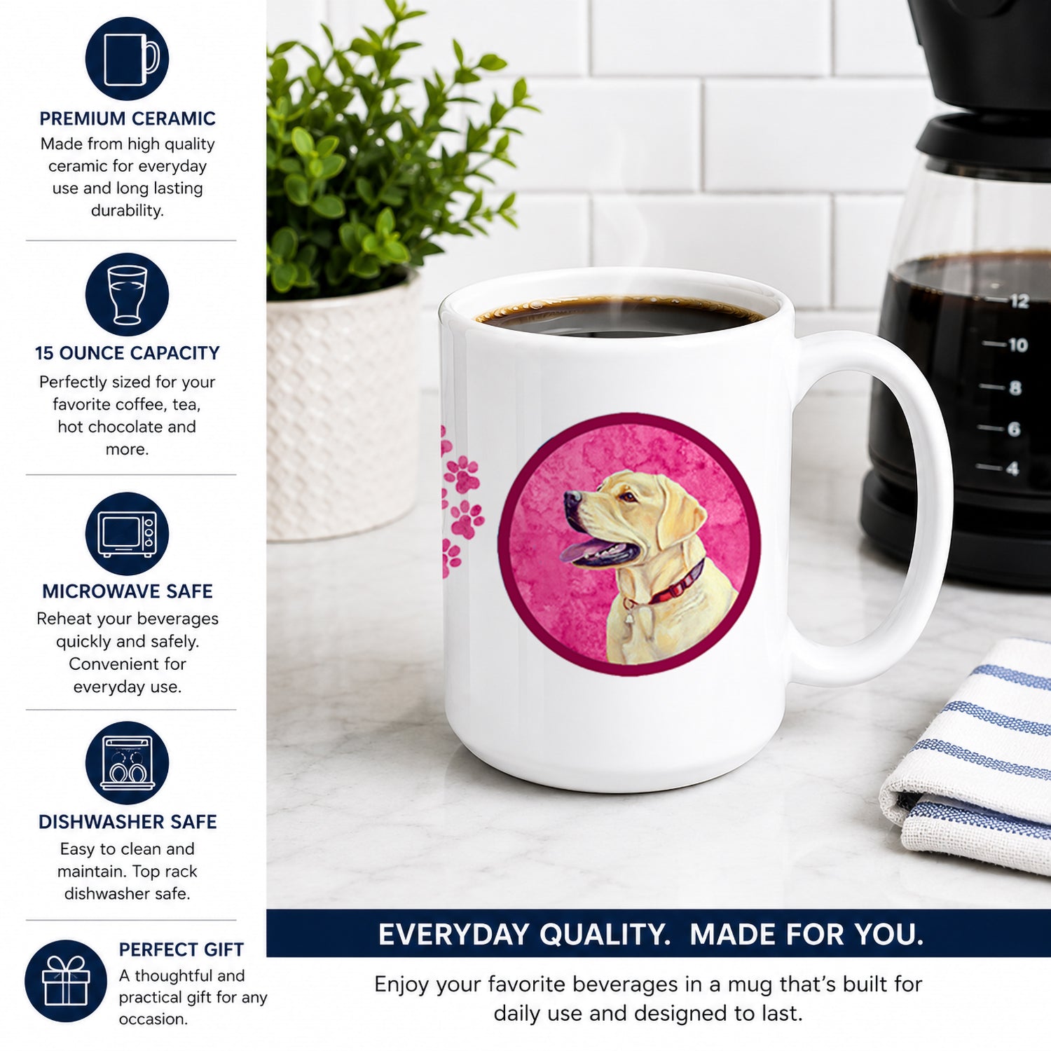 Pink Labrador Ceramic Coffee Mug 15 oz Decorative Large C Handle Mug Cup for Tea, Cocoa Hot Chocolate