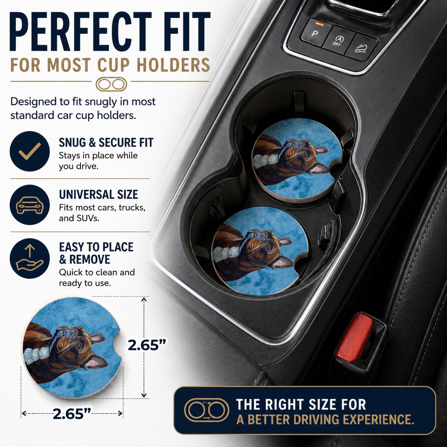 Blue French Bulldog Set of 2 Cup Holder Car Coasters Absorbent Round Sandstone Coasters Gifts for Men or Women, 2.5, Multicolor