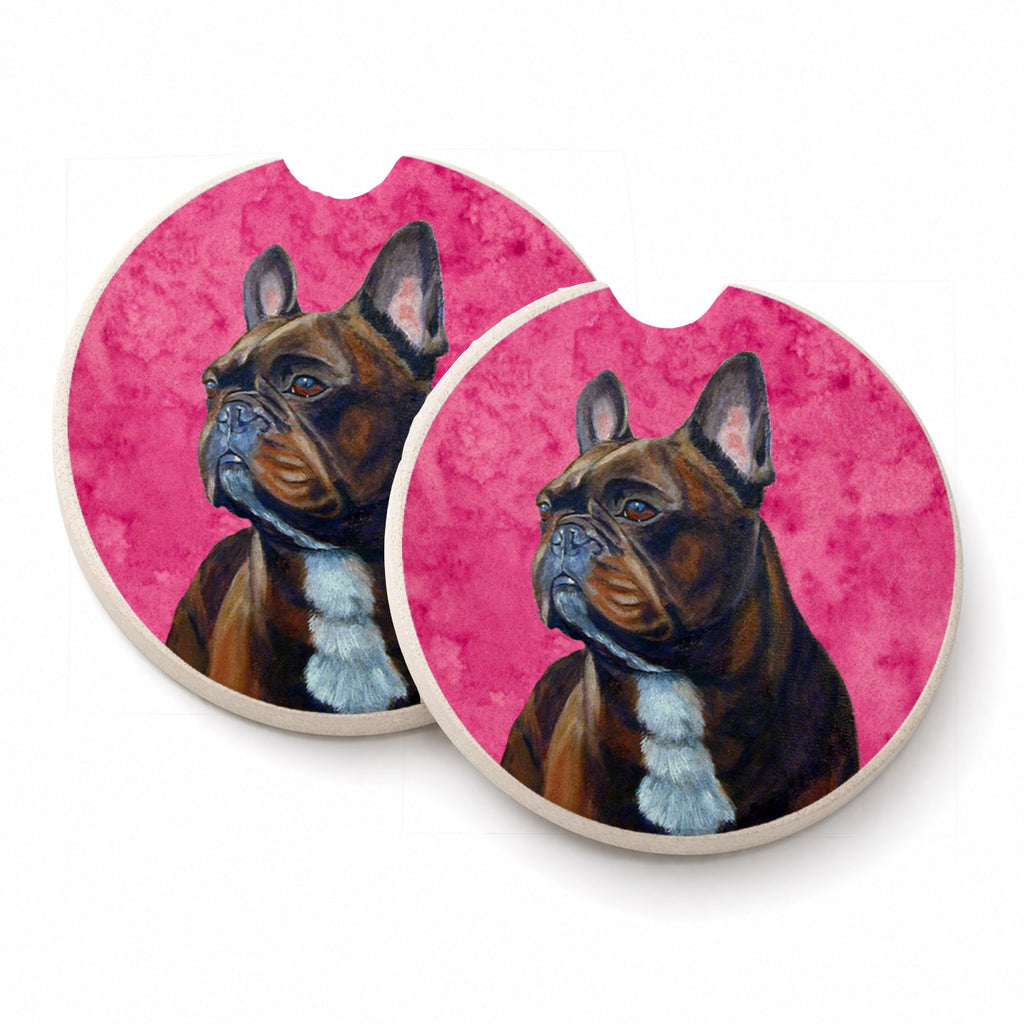 Pink French Bulldog Set of 2 Cup Holder Car Coasters Absorbent Round Sandstone Coasters Gifts for Men or Women, 2.5, Multicolor