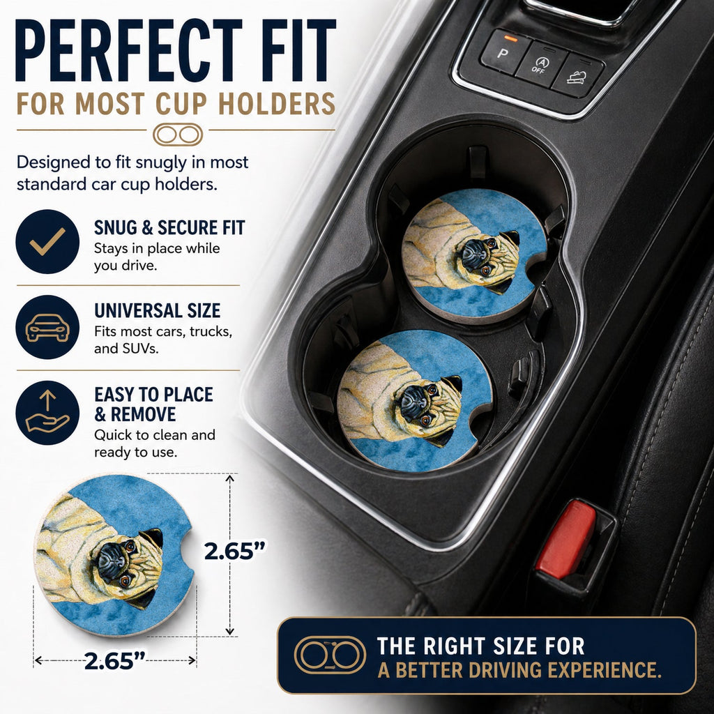 Blue Pug Set of 2 Cup Holder Car Coasters Absorbent Round Sandstone Coasters Gifts for Men or Women, 2.5, Multicolor