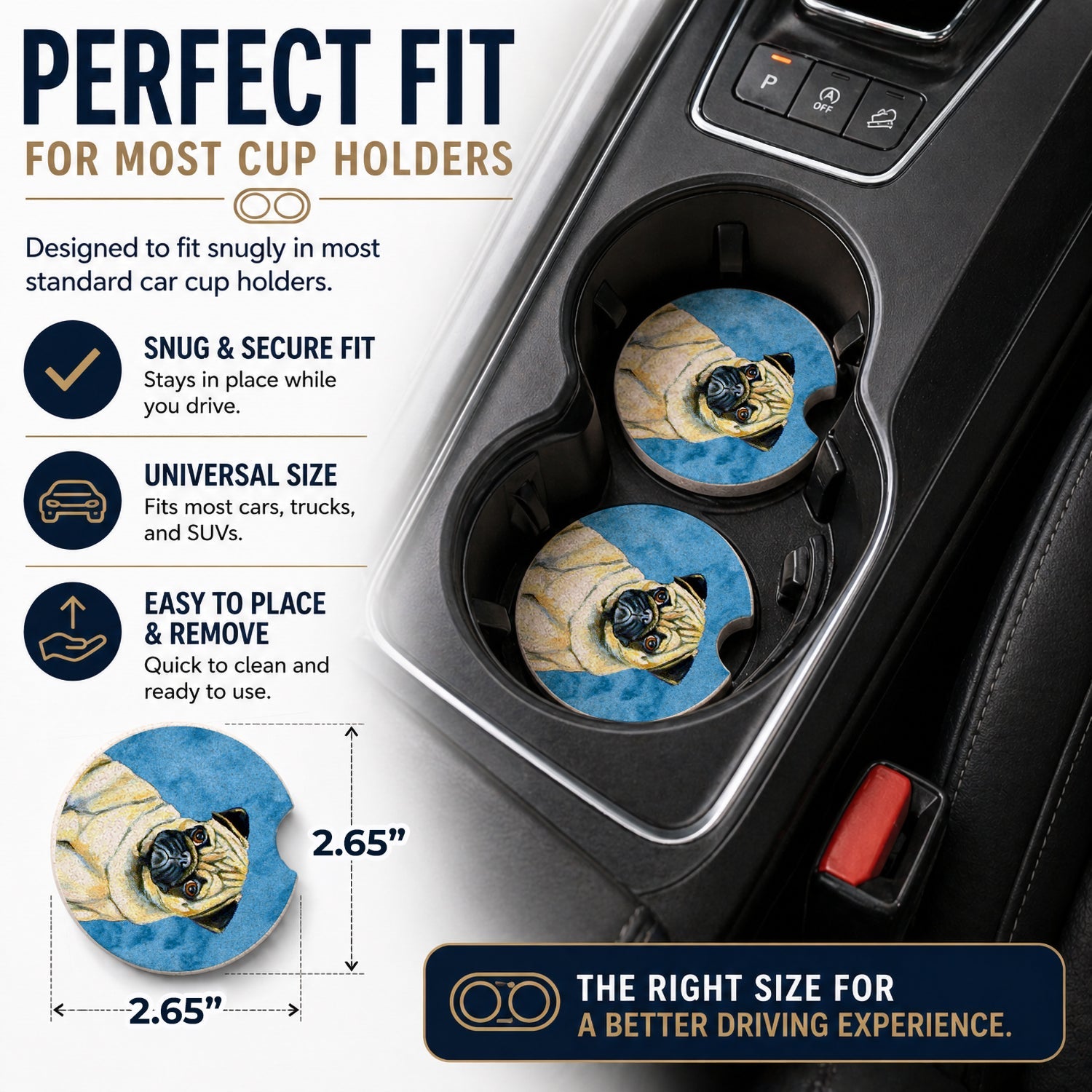 Blue Pug Set of 2 Cup Holder Car Coasters Absorbent Round Sandstone Coasters Gifts for Men or Women, 2.5, Multicolor