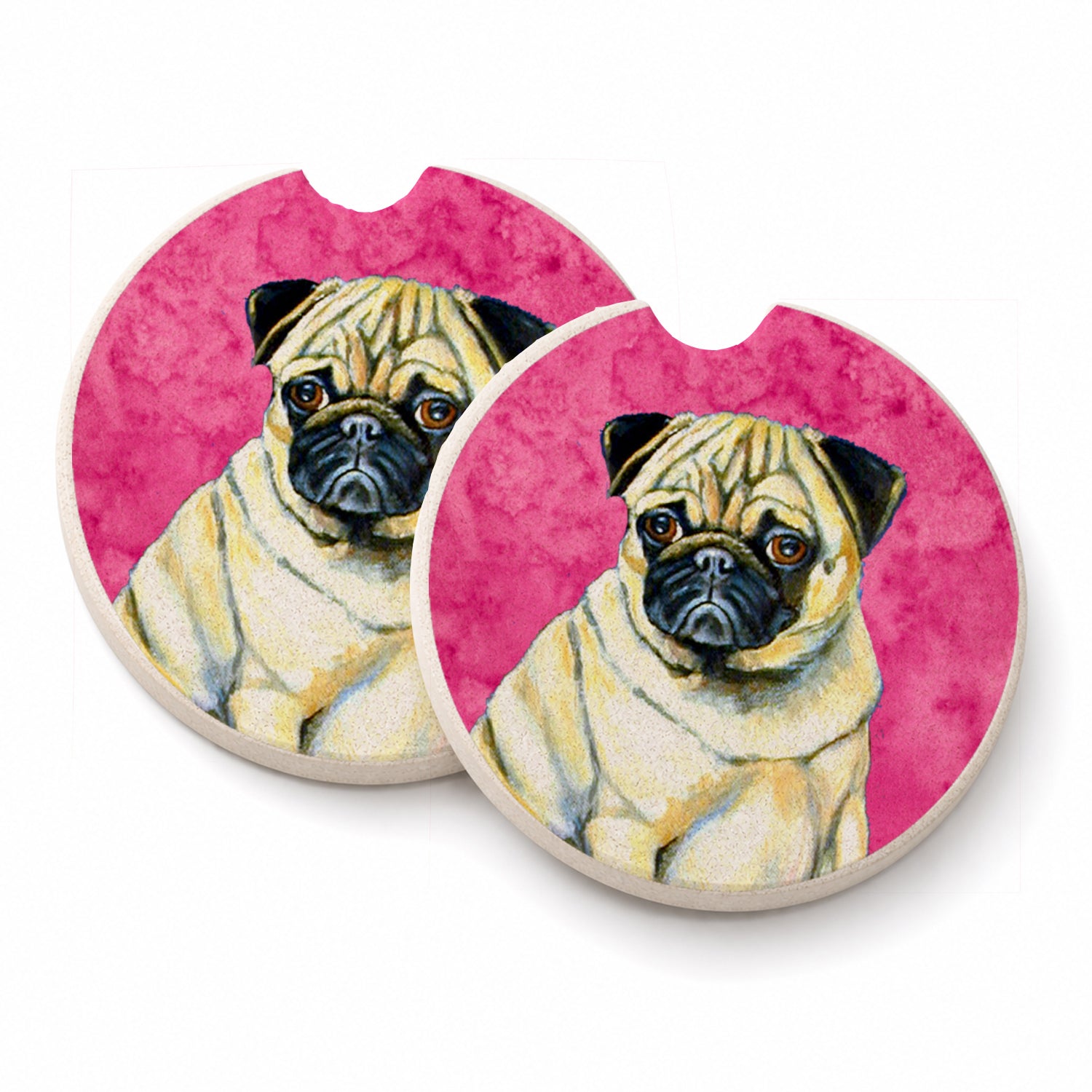 Pink Pug Set of 2 Cup Holder Car Coasters Absorbent Round Sandstone Coasters Gifts for Men or Women, 2.5, Multicolor