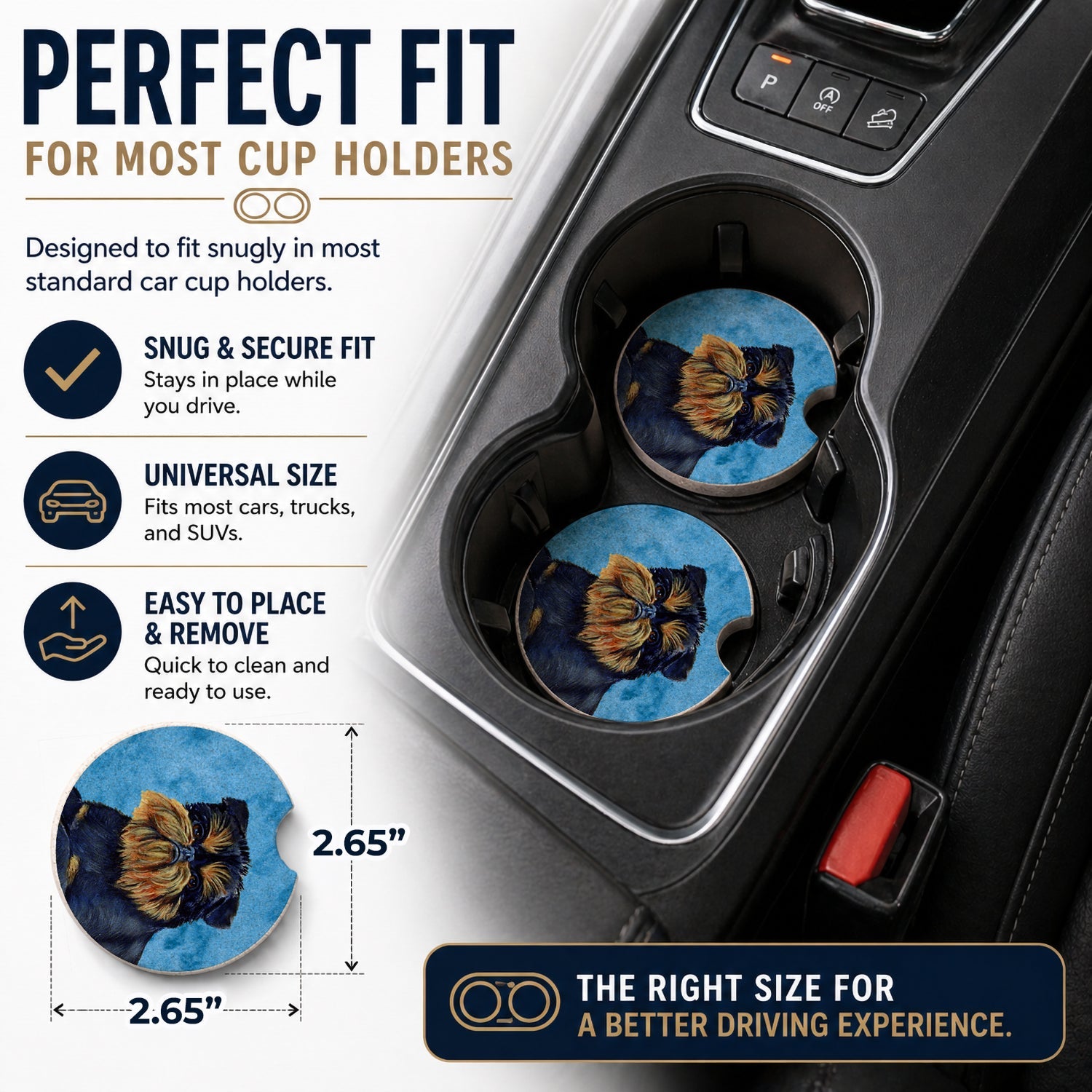 Blue Brussels Griffon Set of 2 Cup Holder Car Coasters Absorbent Round Sandstone Coasters Gifts for Men or Women, 2.5, Multicolor