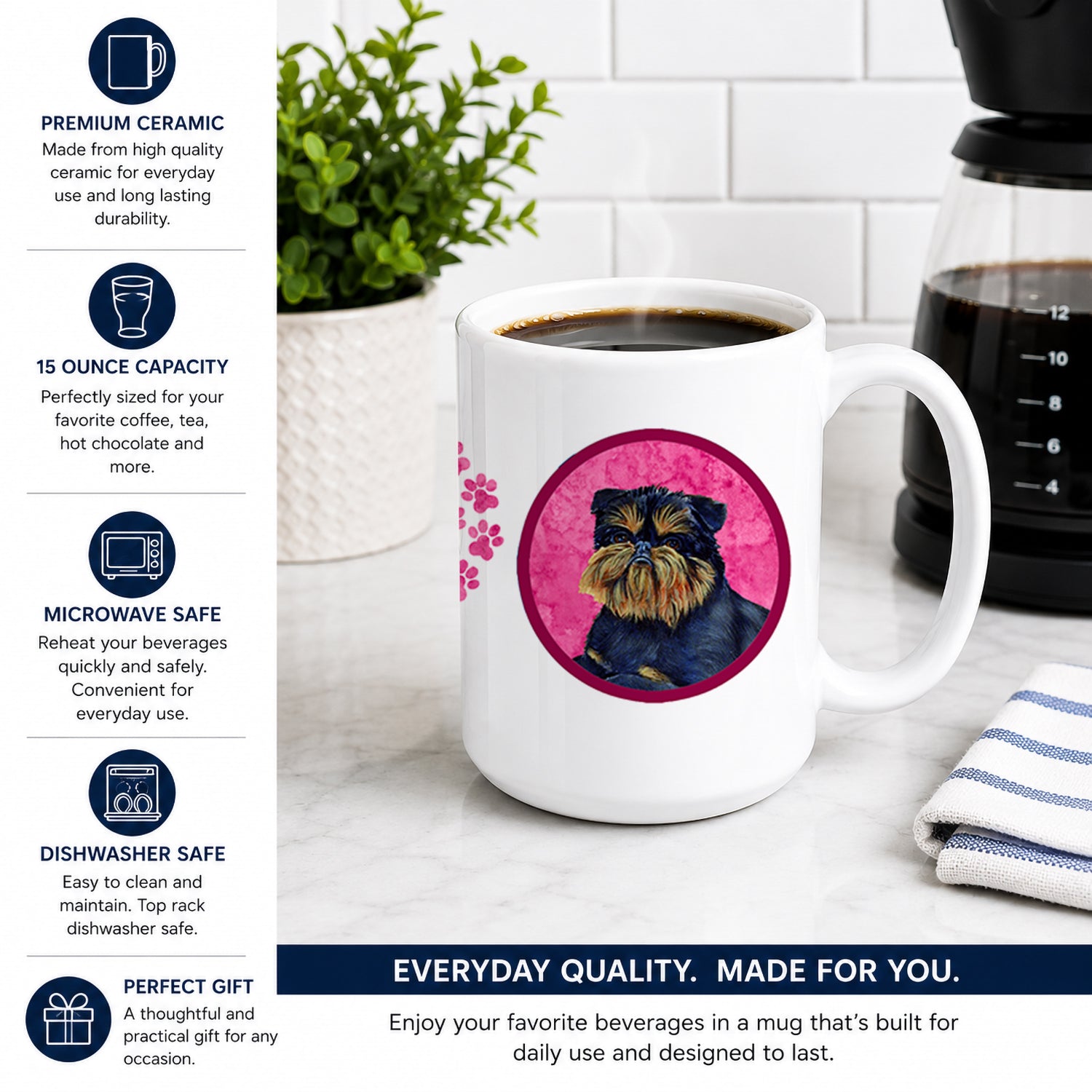 Pink Brussels Griffon Ceramic Coffee Mug 15 oz Decorative Large C Handle Mug Cup for Tea, Cocoa Hot Chocolate