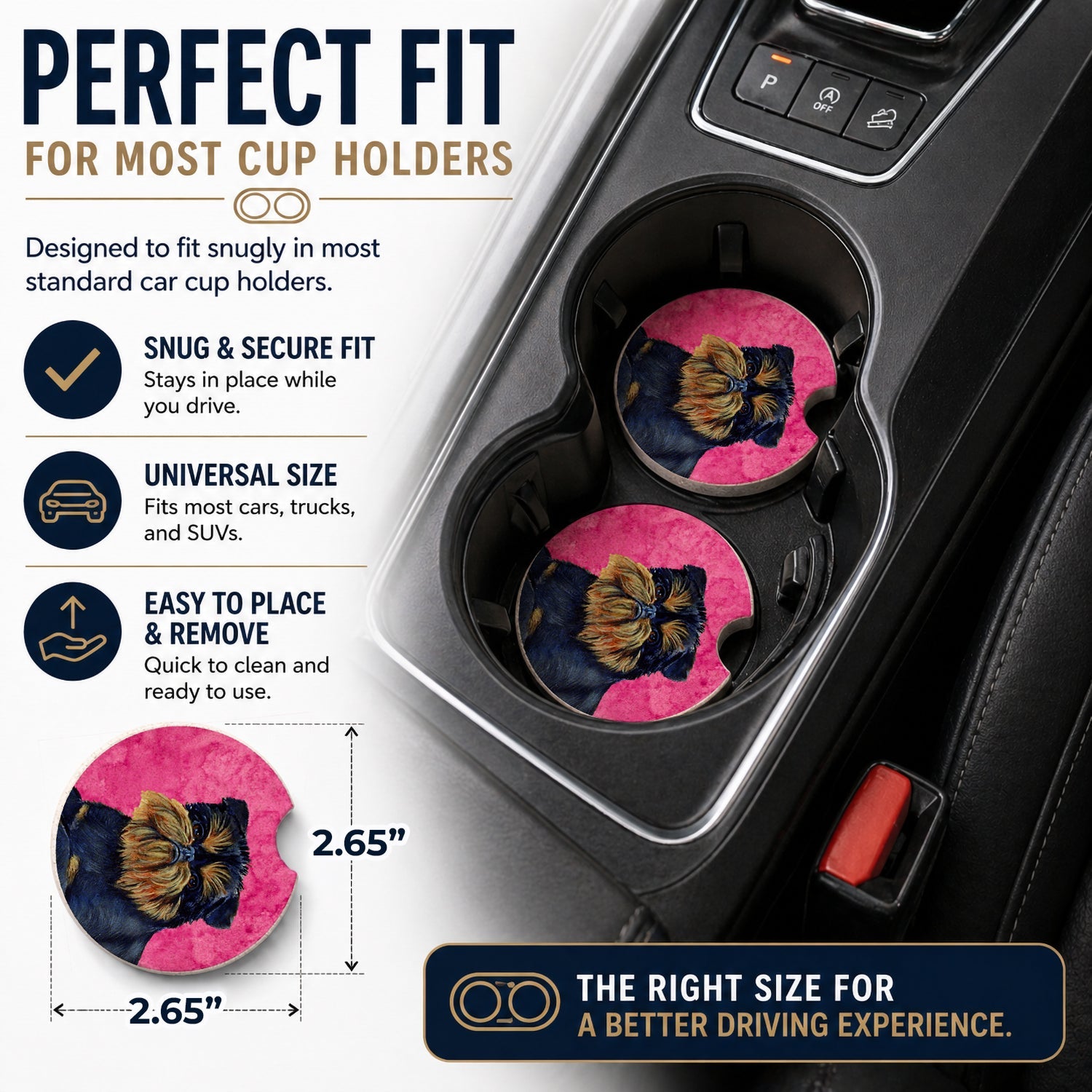 Pink Brussels Griffon Set of 2 Cup Holder Car Coasters Absorbent Round Sandstone Coasters Gifts for Men or Women, 2.5, Multicolor
