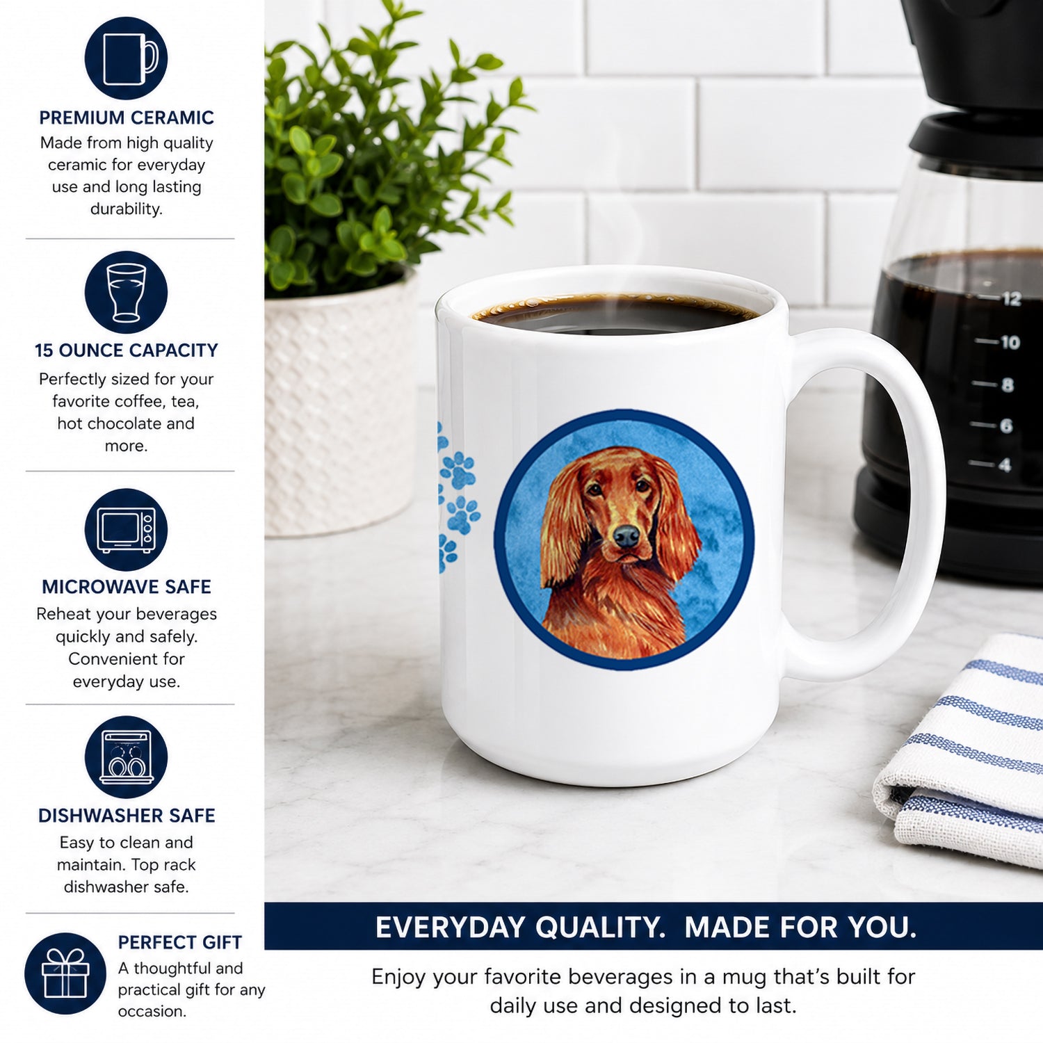 Blue Irish Setter Ceramic Coffee Mug 15 oz Decorative Large C Handle Mug Cup for Tea, Cocoa Hot Chocolate