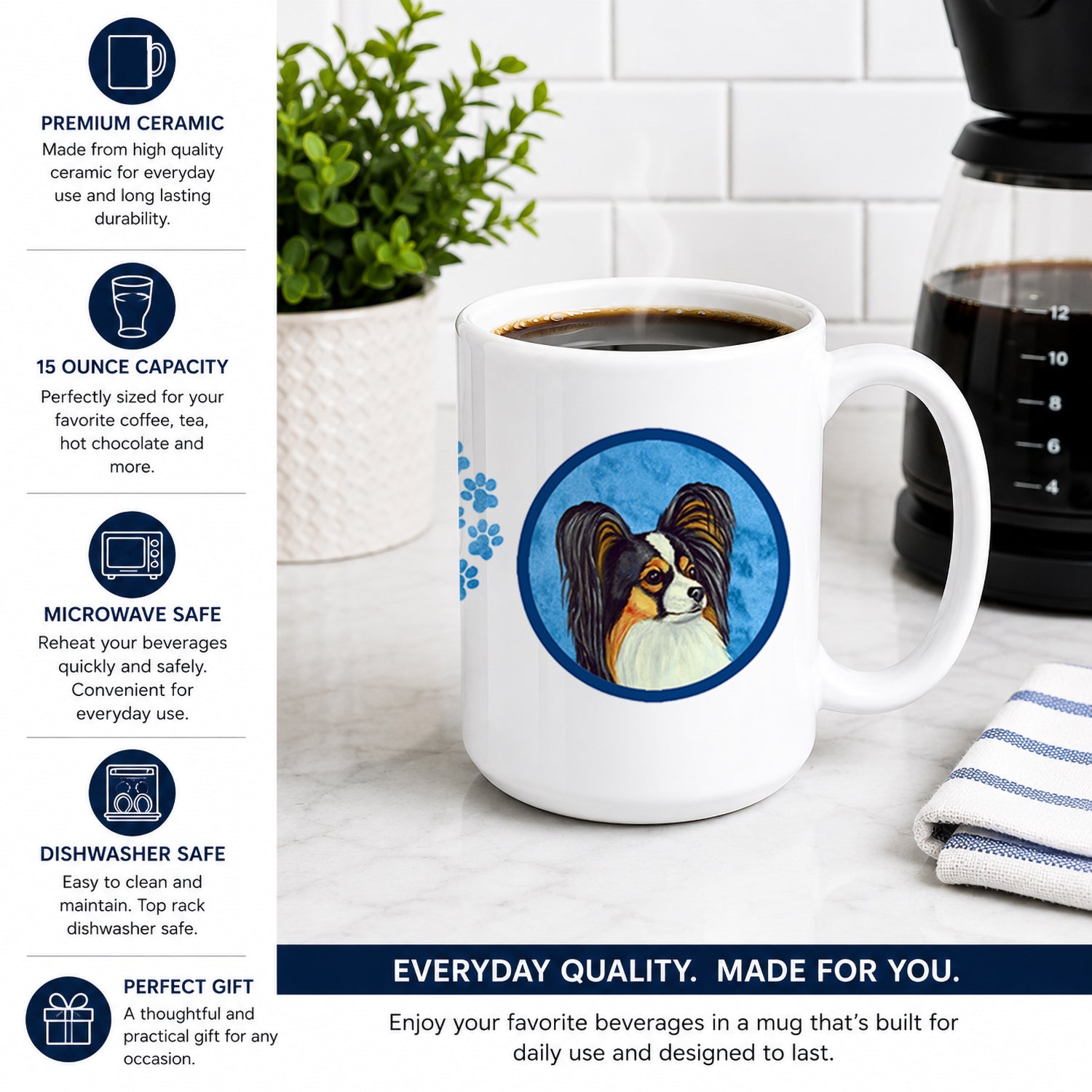 Blue Papillon Ceramic Coffee Mug 15 oz Decorative Large C Handle Mug Cup for Tea, Cocoa Hot Chocolate
