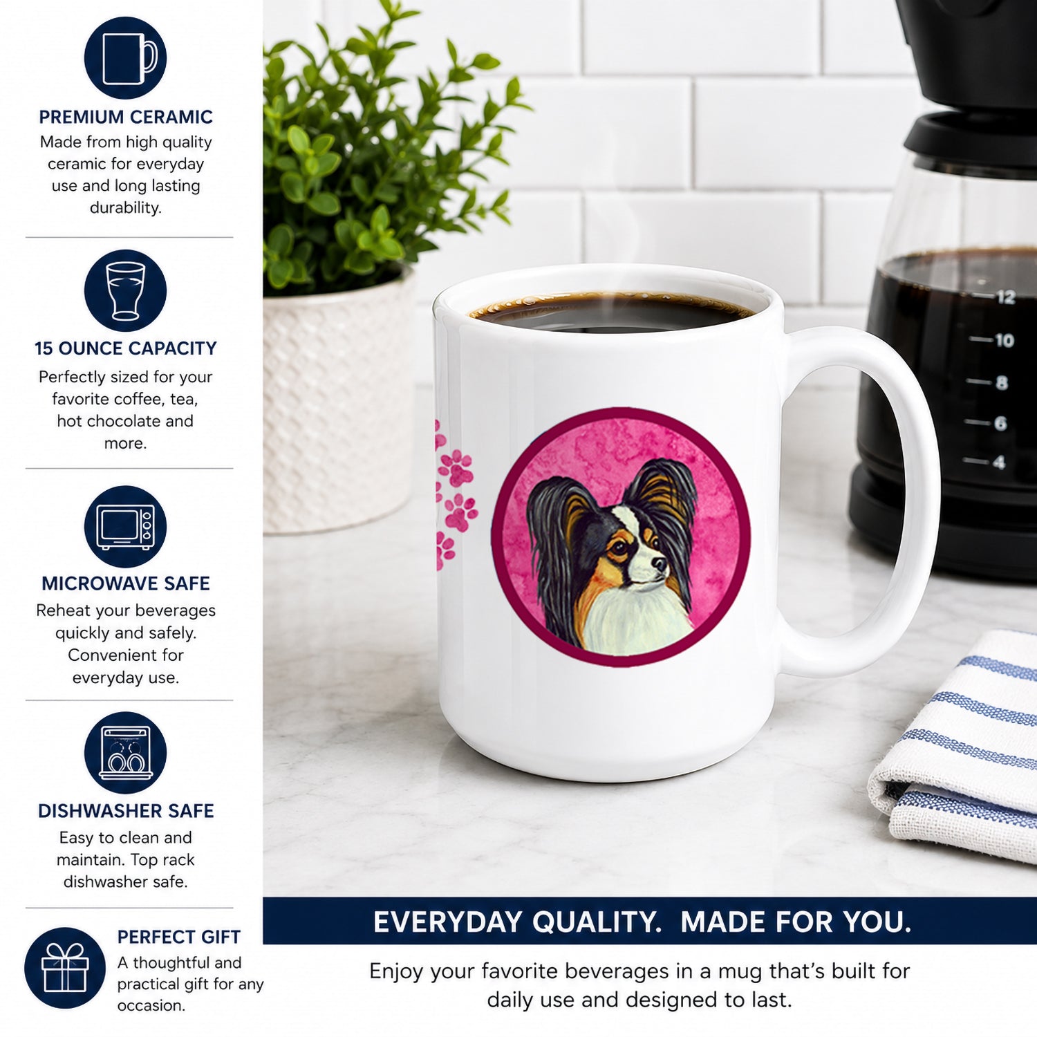Pink Papillon Ceramic Coffee Mug 15 oz Decorative Large C Handle Mug Cup for Tea, Cocoa Hot Chocolate