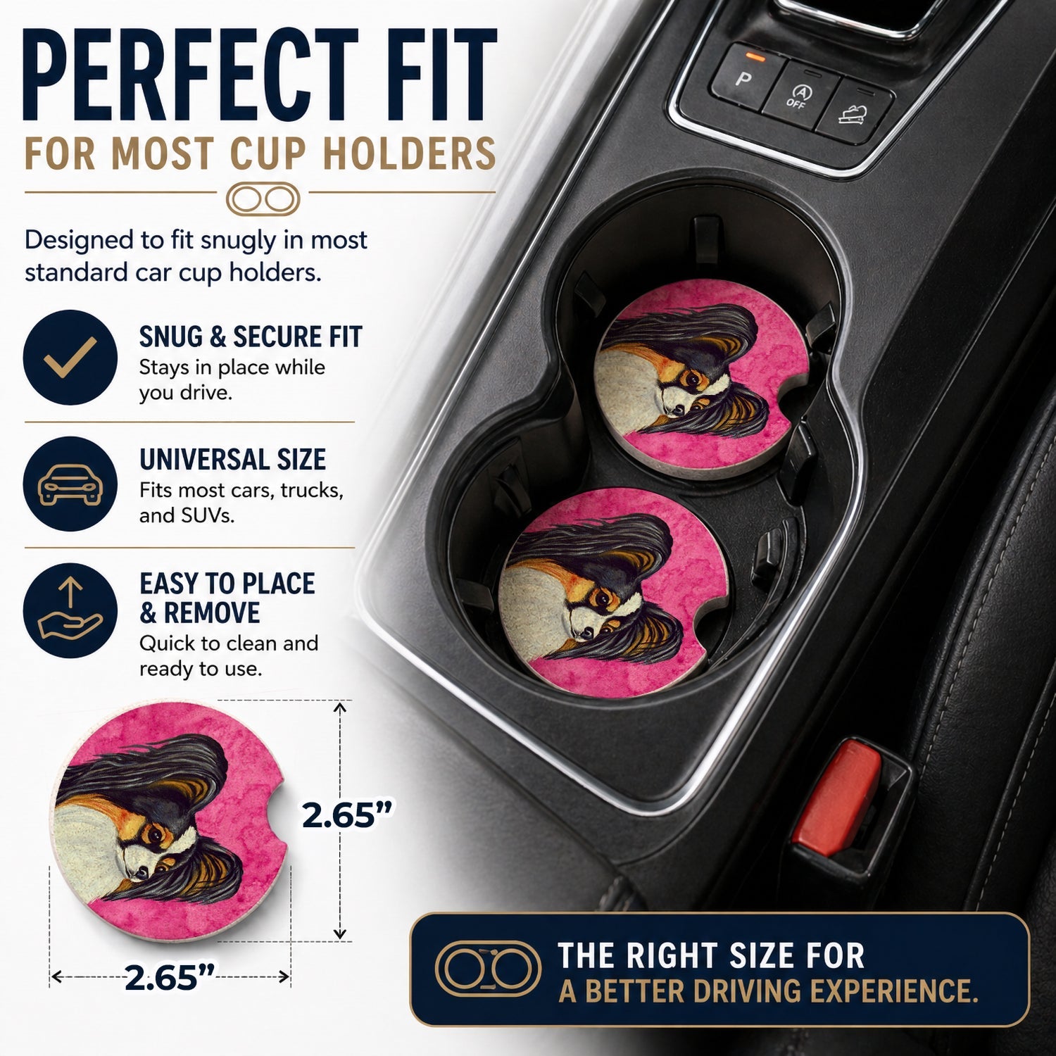 Pink Papillon Set of 2 Cup Holder Car Coasters Absorbent Round Sandstone Coasters Gifts for Men or Women, 2.5, Multicolor