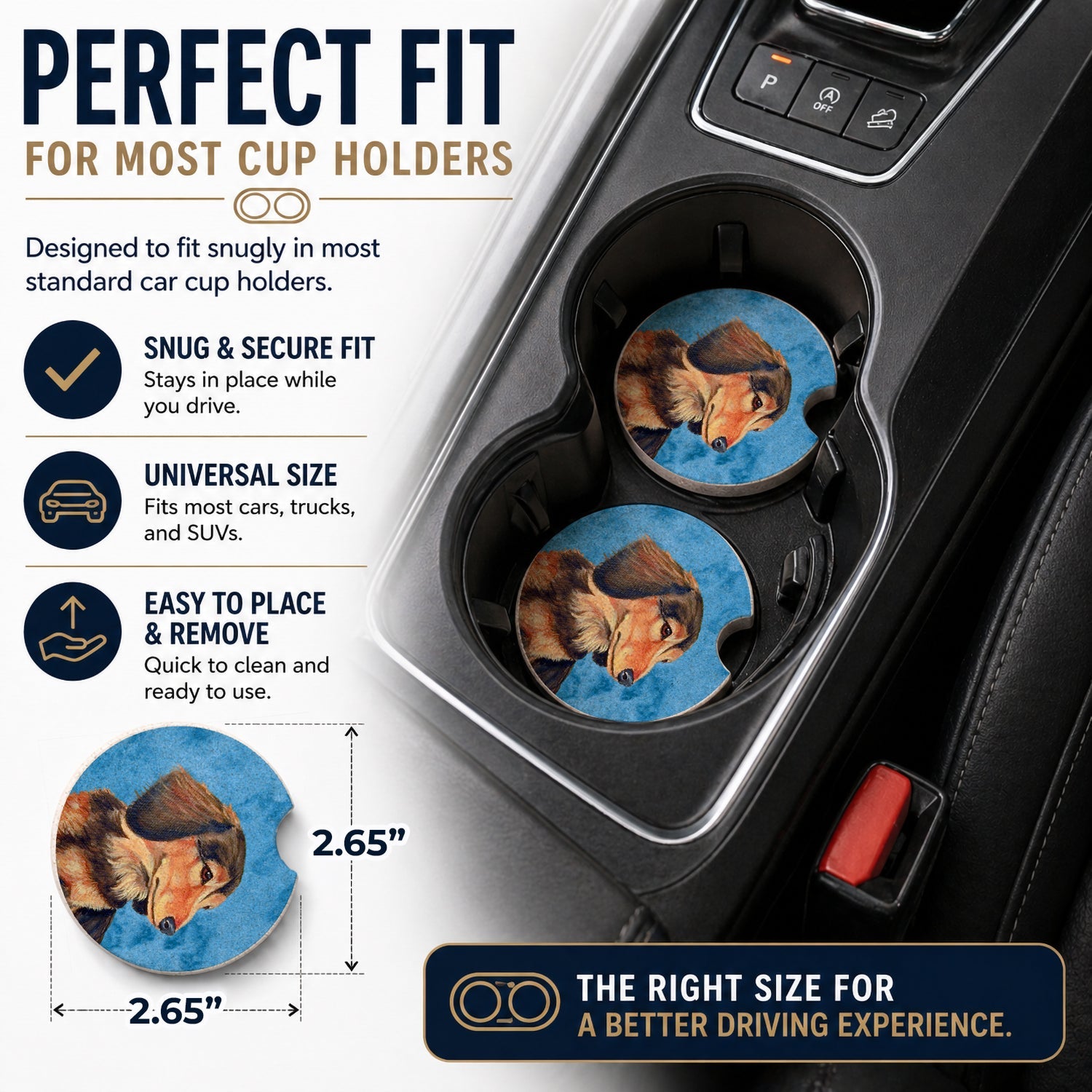 Blue Dachshund Set of 2 Cup Holder Car Coasters Absorbent Round Sandstone Coasters Gifts for Men or Women, 2.5, Multicolor