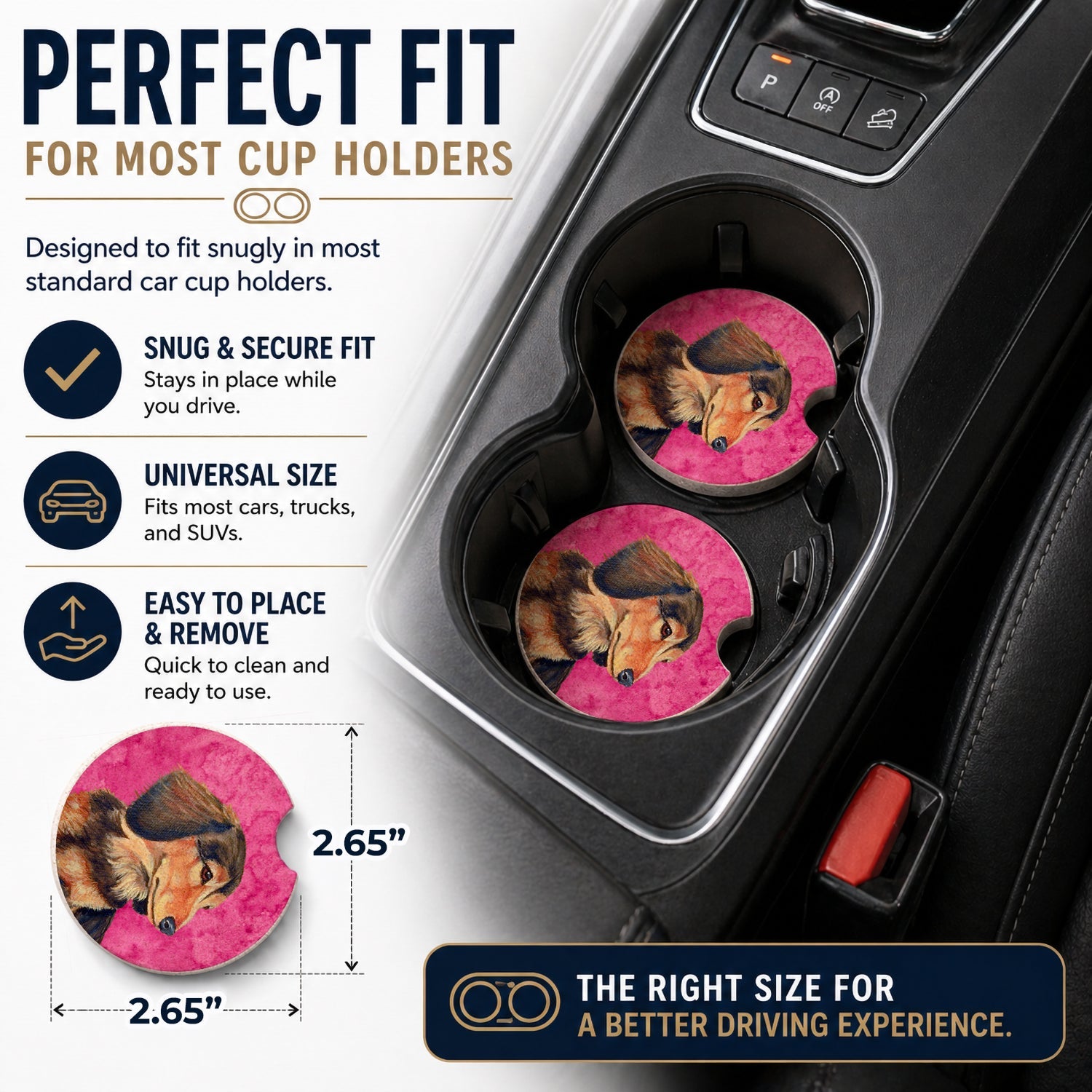 Pink Dachshund Set of 2 Cup Holder Car Coasters Absorbent Round Sandstone Coasters Gifts for Men or Women, 2.5, Multicolor