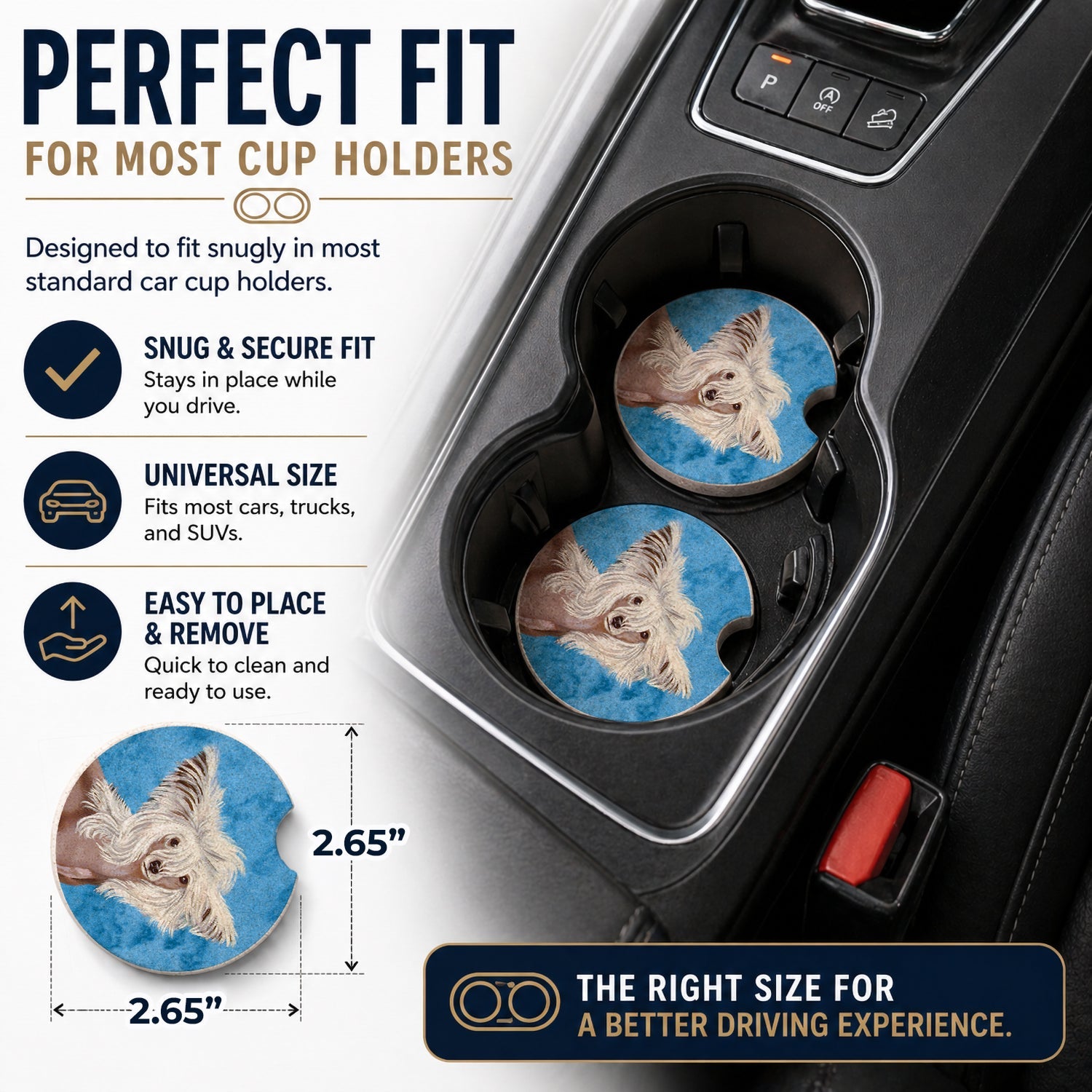 Blue Chinese Crested Set of 2 Cup Holder Car Coasters Absorbent Round Sandstone Coasters Gifts for Men or Women, 2.5, Multicolor