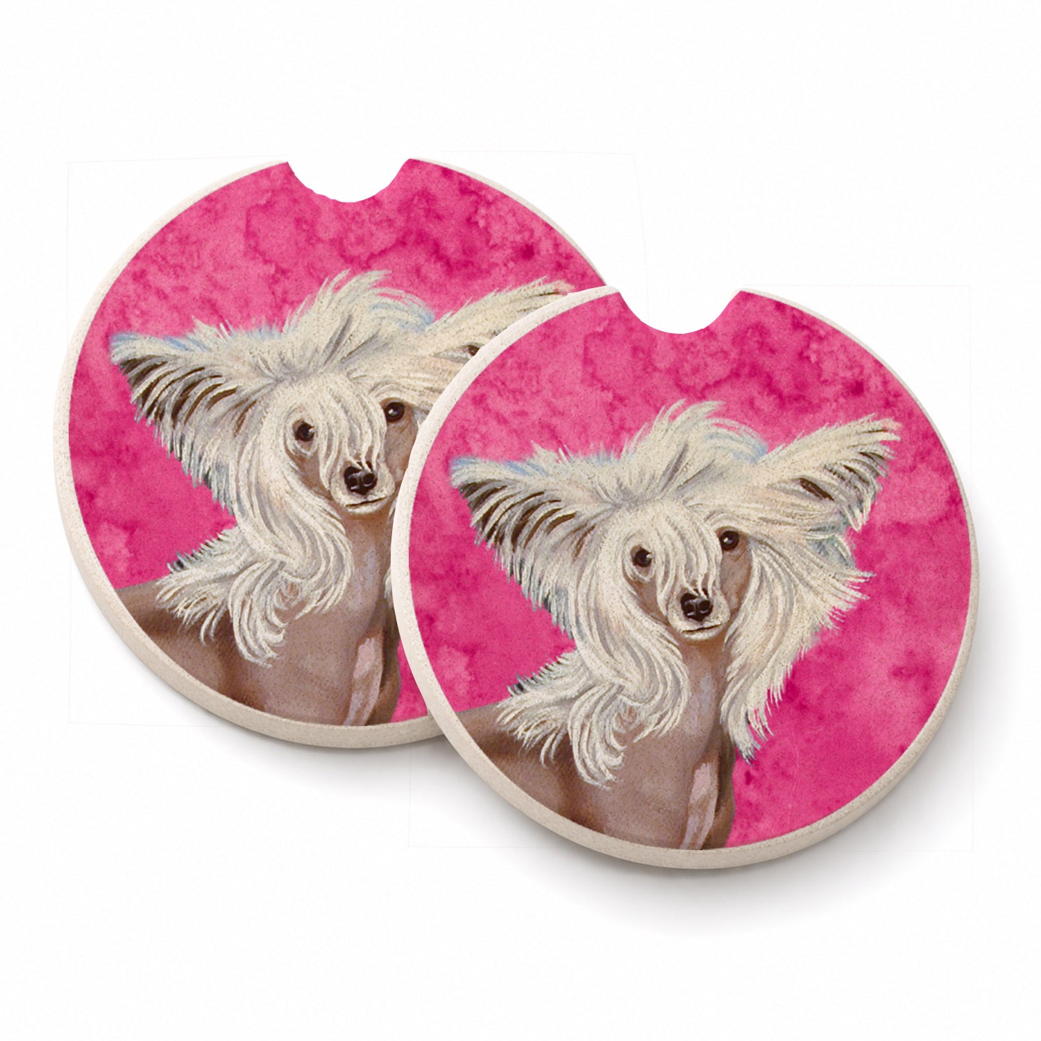 Pink Chinese Crested Set of 2 Cup Holder Car Coasters Absorbent Round Sandstone Coasters Gifts for Men or Women, 2.5, Multicolor