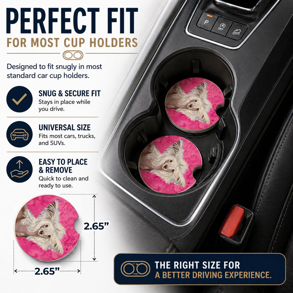Pink Chinese Crested Set of 2 Cup Holder Car Coasters Absorbent Round Sandstone Coasters Gifts for Men or Women, 2.5, Multicolor