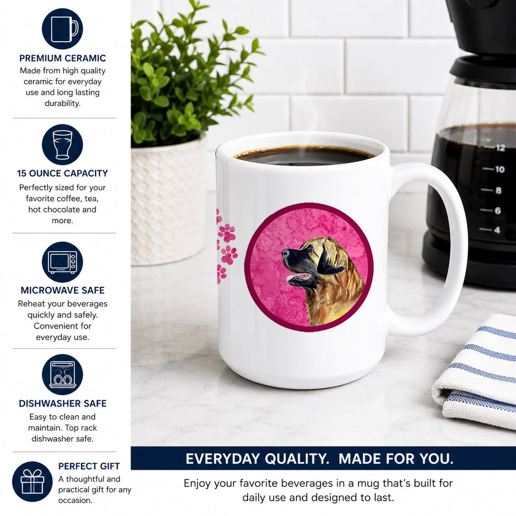 Pink Leonberger Ceramic Coffee Mug 15 oz Decorative Large C Handle Mug Cup for Tea, Cocoa Hot Chocolate