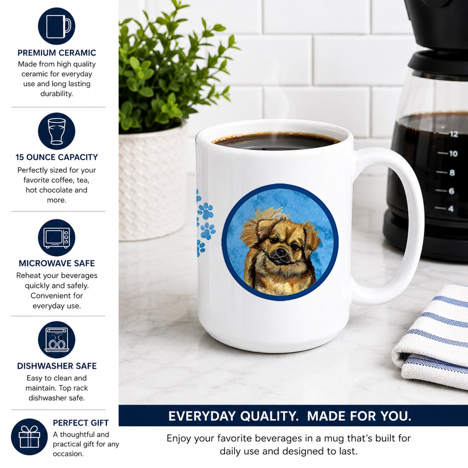 Blue Tibetan Spaniel Ceramic Coffee Mug 15 oz Decorative Large C Handle Mug Cup for Tea, Cocoa Hot Chocolate