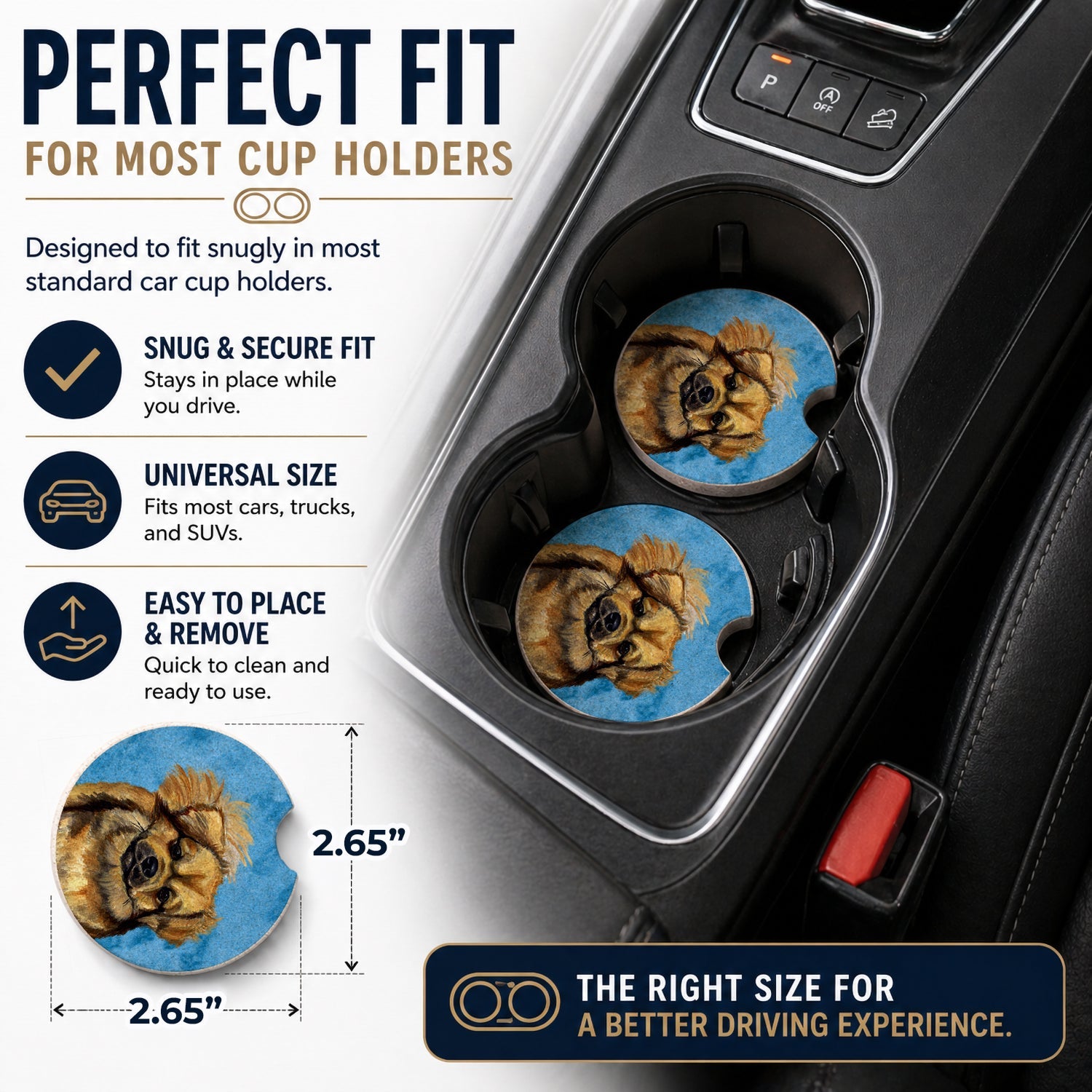 Blue Tibetan Spaniel Set of 2 Cup Holder Car Coasters Absorbent Round Sandstone Coasters Gifts for Men or Women, 2.5, Multicolor