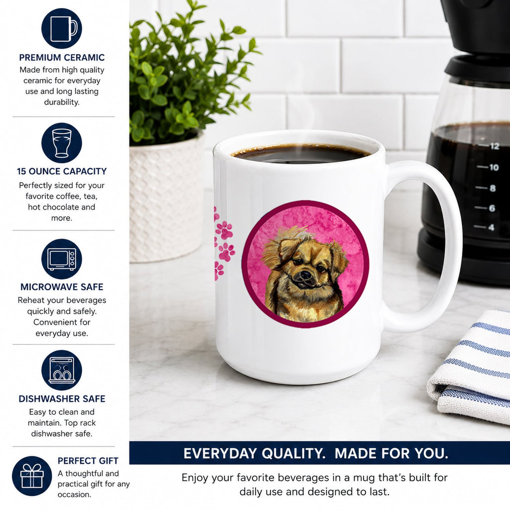 Pink Tibetan Spaniel Ceramic Coffee Mug 15 oz Decorative Large C Handle Mug Cup for Tea, Cocoa Hot Chocolate