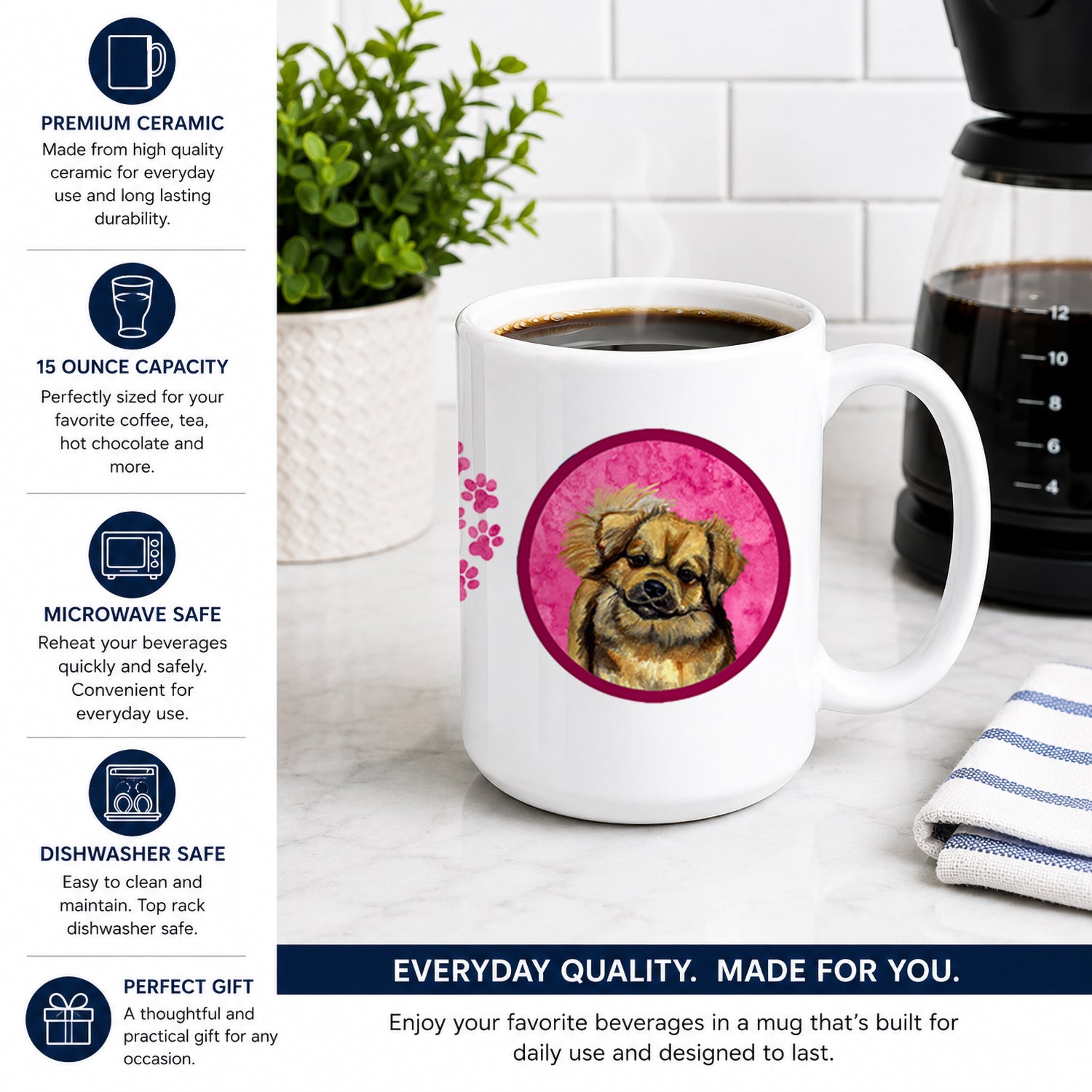 Pink Tibetan Spaniel Ceramic Coffee Mug 15 oz Decorative Large C Handle Mug Cup for Tea, Cocoa Hot Chocolate