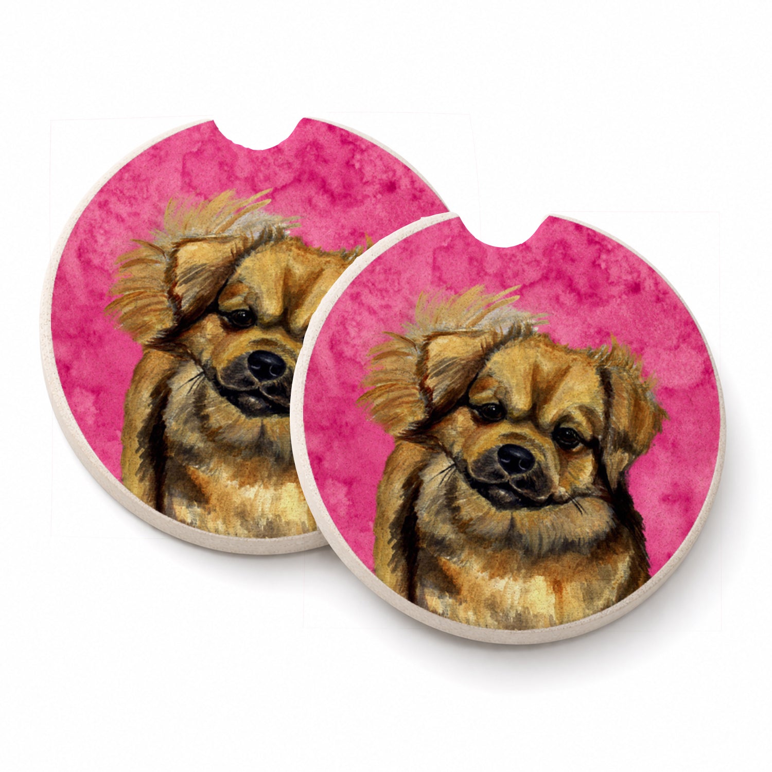 Pink Tibetan Spaniel Set of 2 Cup Holder Car Coasters Absorbent Round Sandstone Coasters Gifts for Men or Women, 2.5, Multicolor