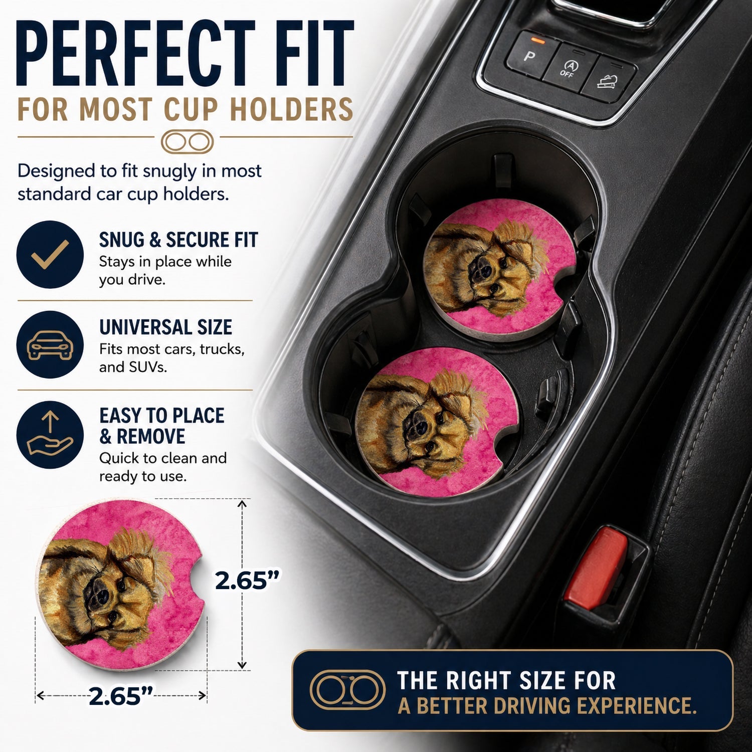 Pink Tibetan Spaniel Set of 2 Cup Holder Car Coasters Absorbent Round Sandstone Coasters Gifts for Men or Women, 2.5, Multicolor