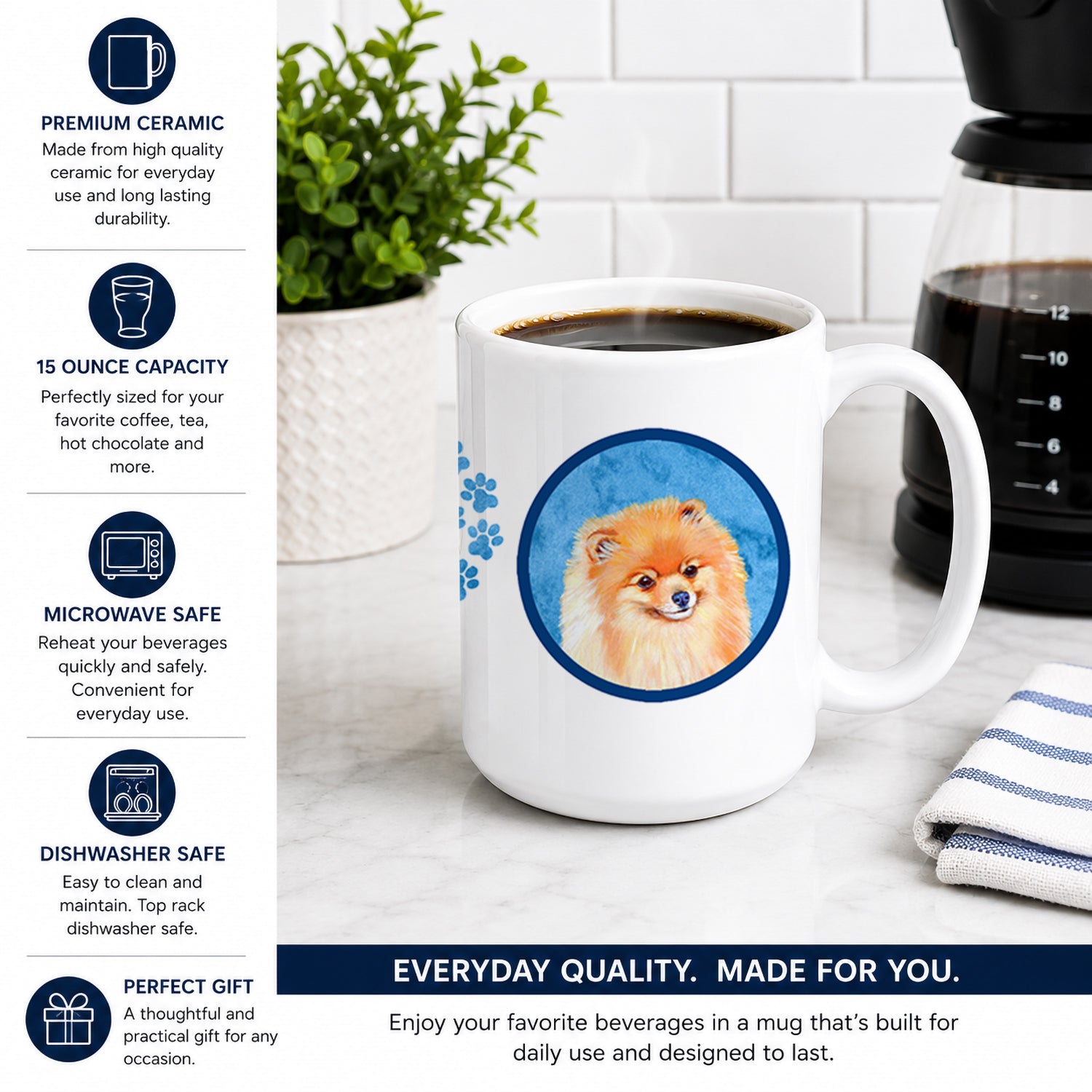 Blue Pomeranian Ceramic Coffee Mug 15 oz Decorative Large C Handle Mug Cup for Tea, Cocoa Hot Chocolate