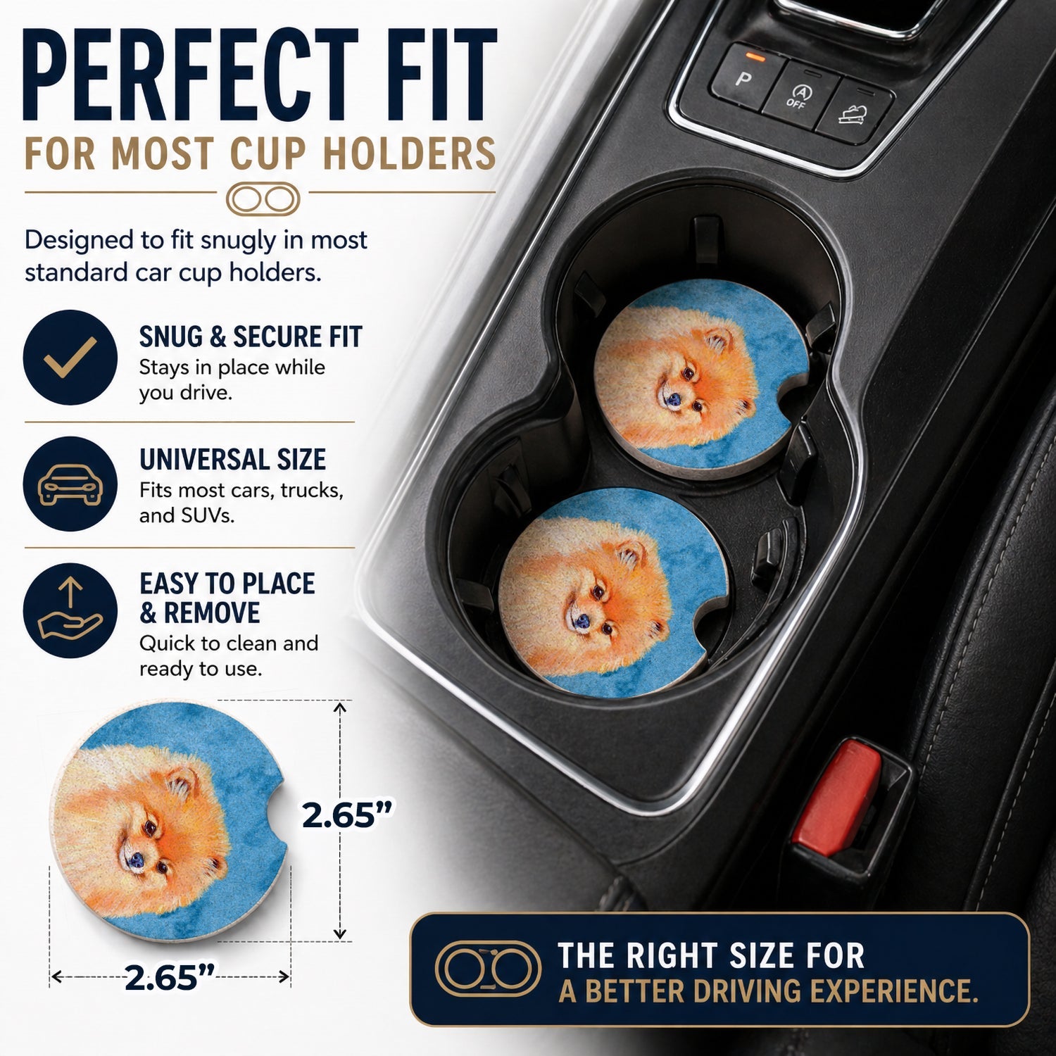 Blue Pomeranian Set of 2 Cup Holder Car Coasters Absorbent Round Sandstone Coasters Gifts for Men or Women, 2.5, Multicolor