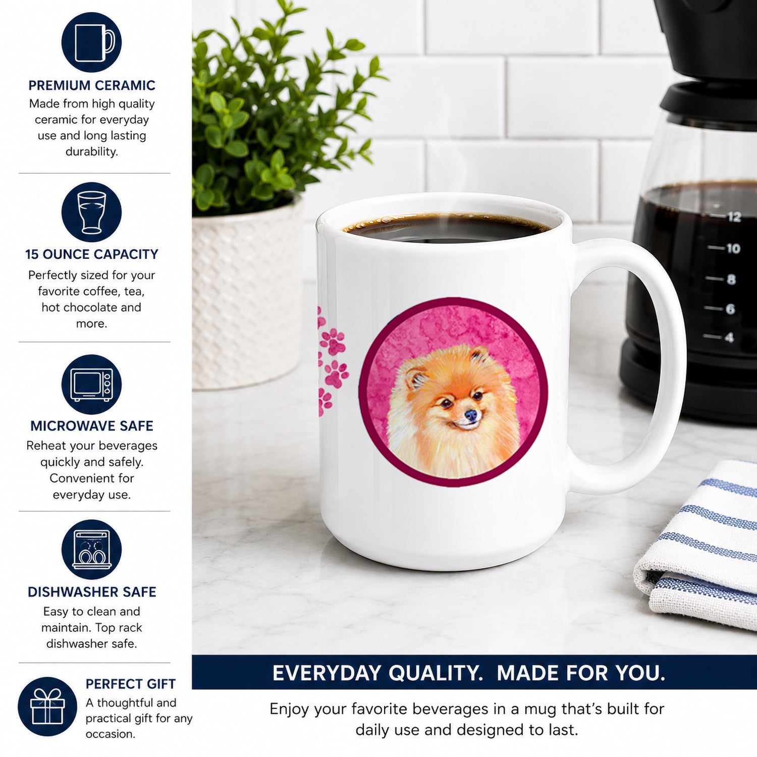 Pink Pomeranian Ceramic Coffee Mug 15 oz Decorative Large C Handle Mug Cup for Tea, Cocoa Hot Chocolate