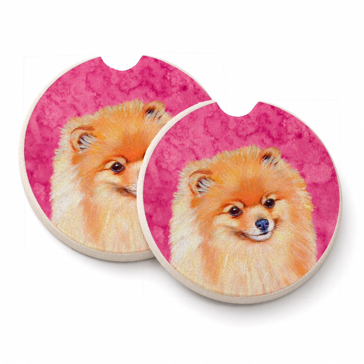 Pink Pomeranian Set of 2 Cup Holder Car Coasters Absorbent Round Sandstone Coasters Gifts for Men or Women, 2.5, Multicolor