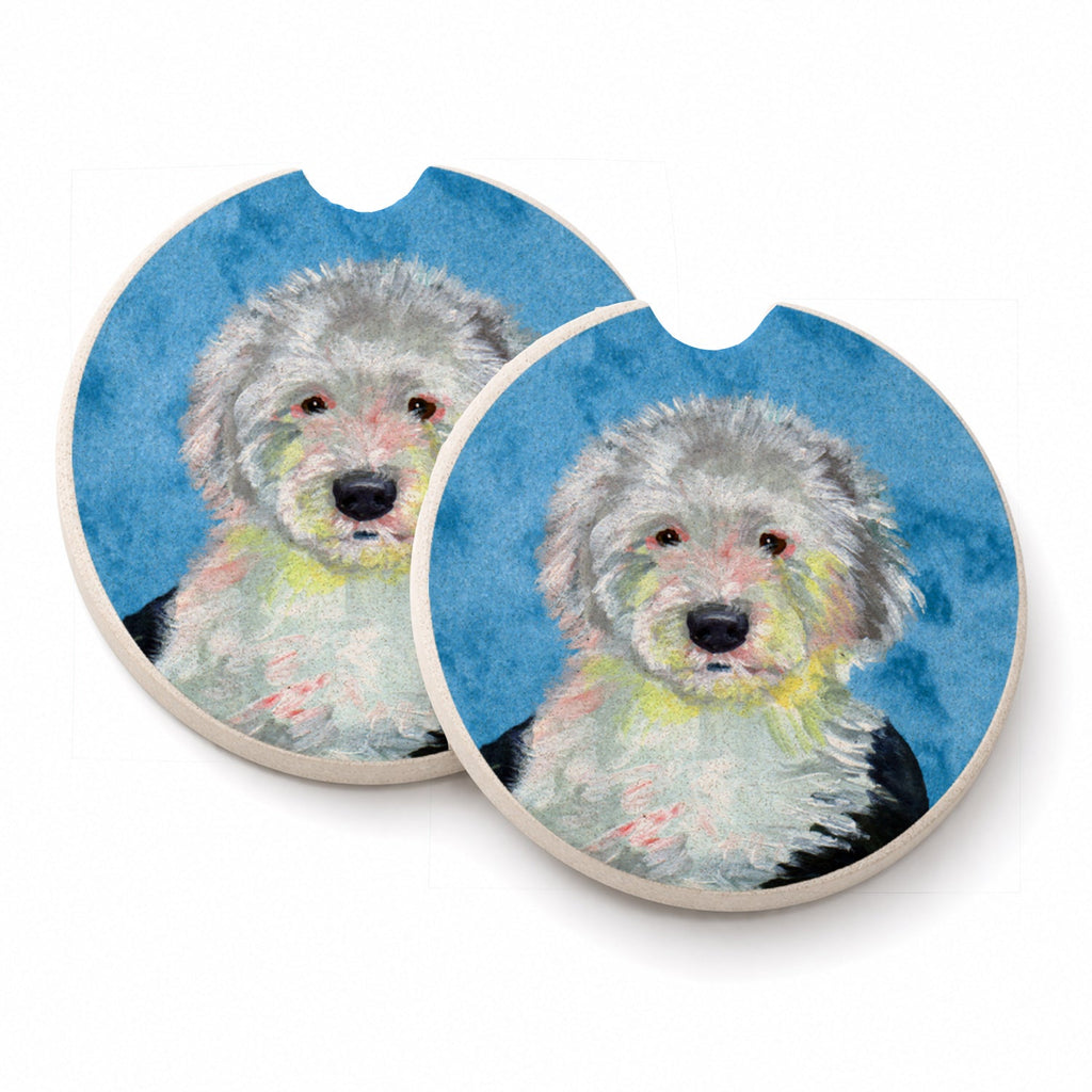 Blue Old English Sheepdog Set of 2 Cup Holder Car Coasters Absorbent Round Sandstone Coasters Gifts for Men or Women, 2.5, Multicolor
