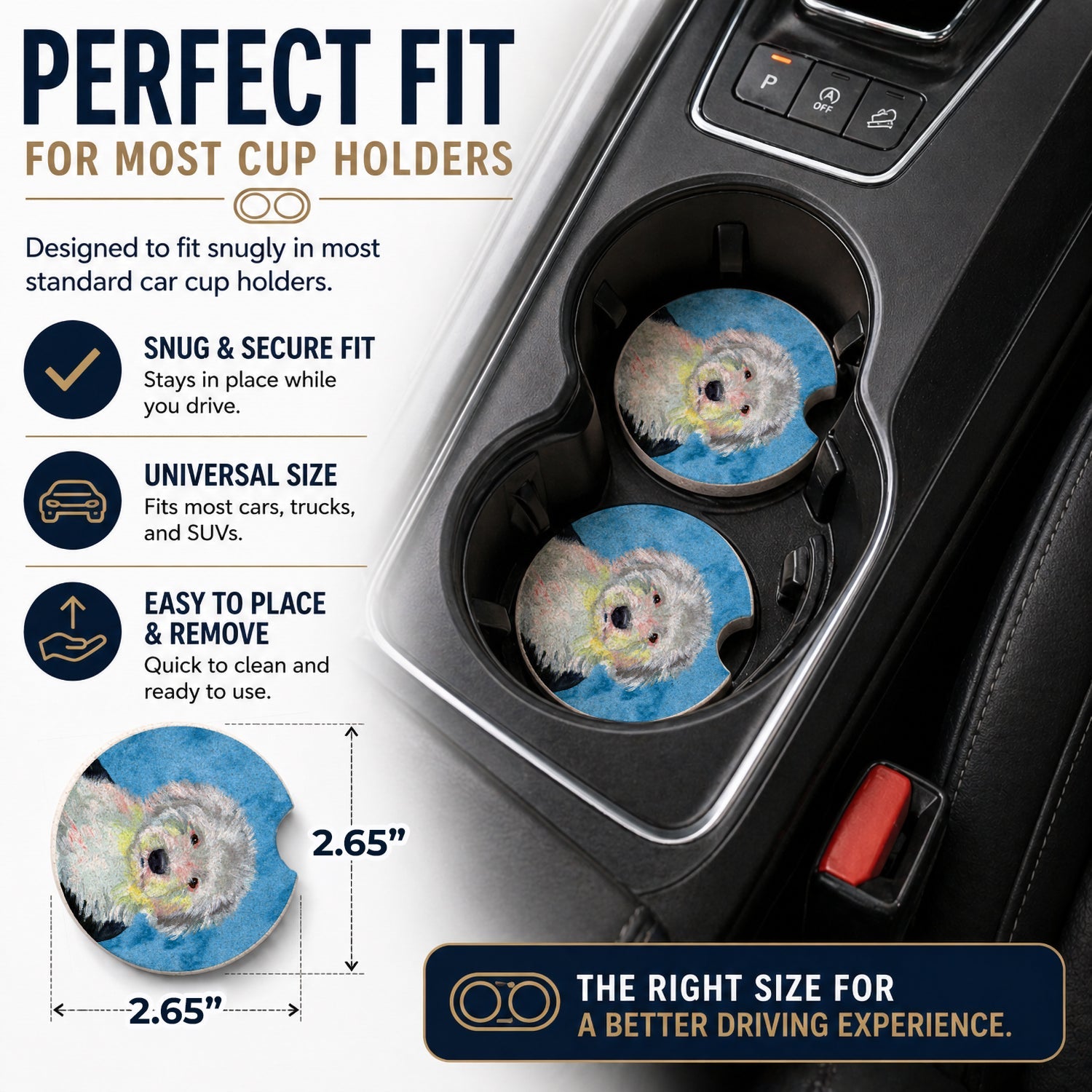 Blue Old English Sheepdog Set of 2 Cup Holder Car Coasters Absorbent Round Sandstone Coasters Gifts for Men or Women, 2.5, Multicolor