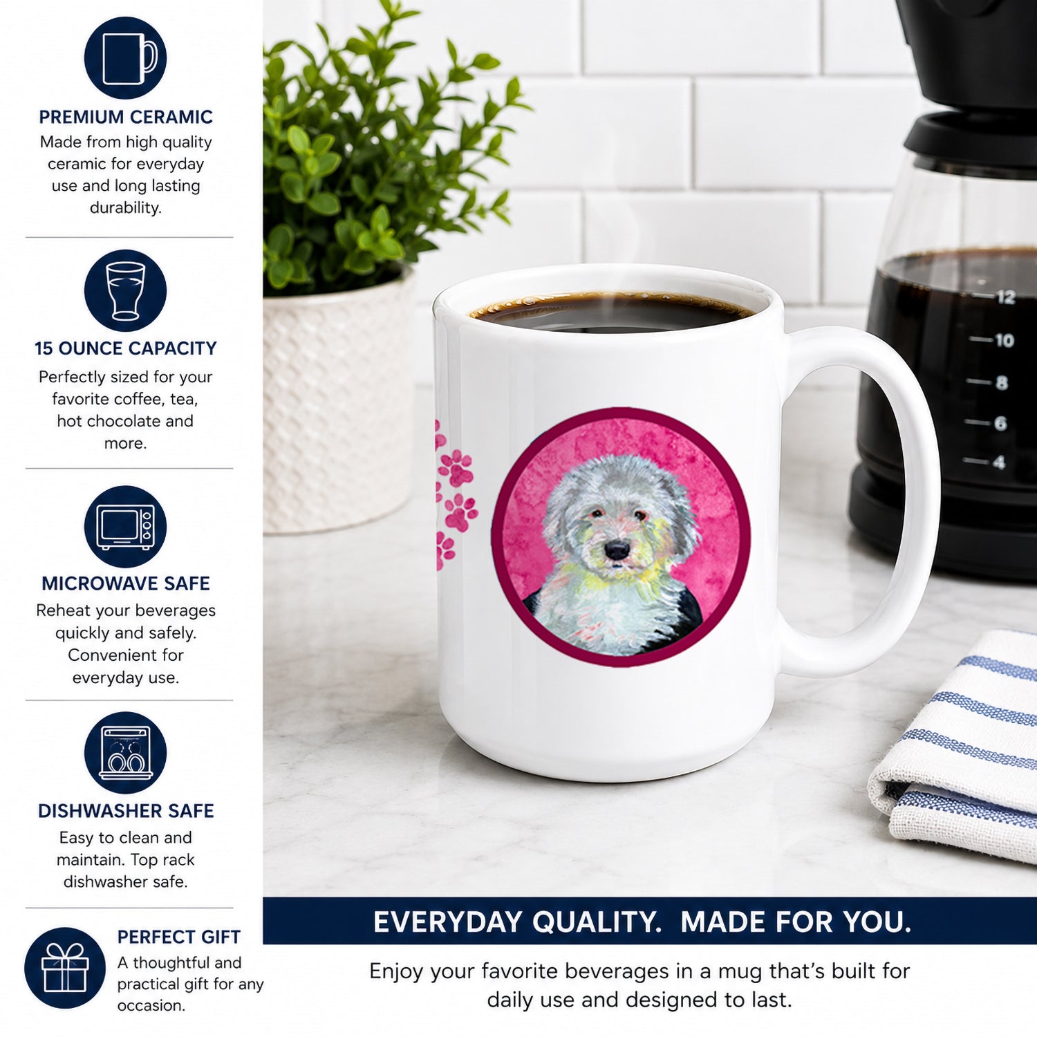Pink Old English Sheepdog Ceramic Coffee Mug 15 oz Decorative Large C Handle Mug Cup for Tea, Cocoa Hot Chocolate