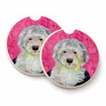 Pink Old English Sheepdog Set of 2 Cup Holder Car Coasters Absorbent Round Sandstone Coasters Gifts for Men or Women, 2.5, Multicolor