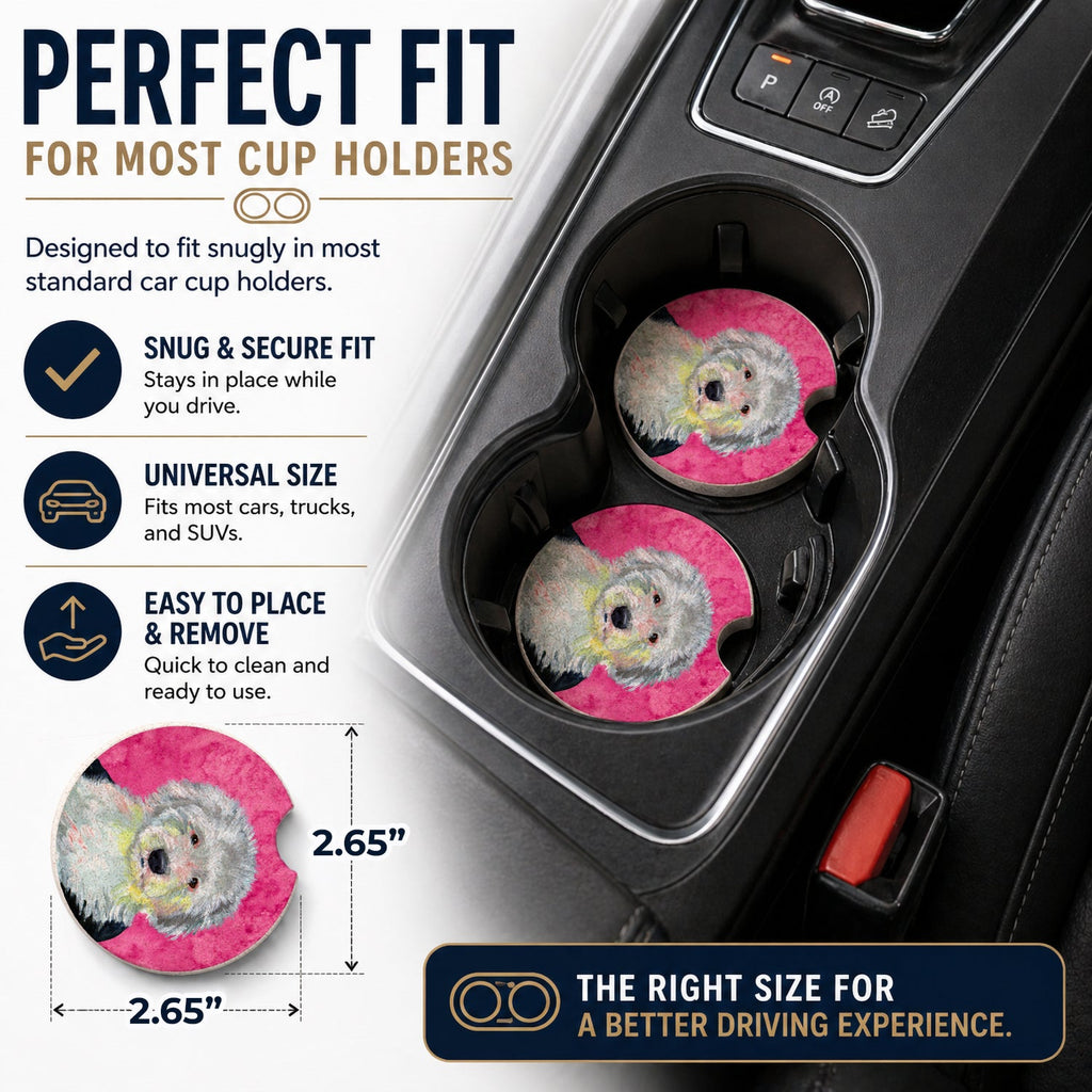 Pink Old English Sheepdog Set of 2 Cup Holder Car Coasters Absorbent Round Sandstone Coasters Gifts for Men or Women, 2.5, Multicolor