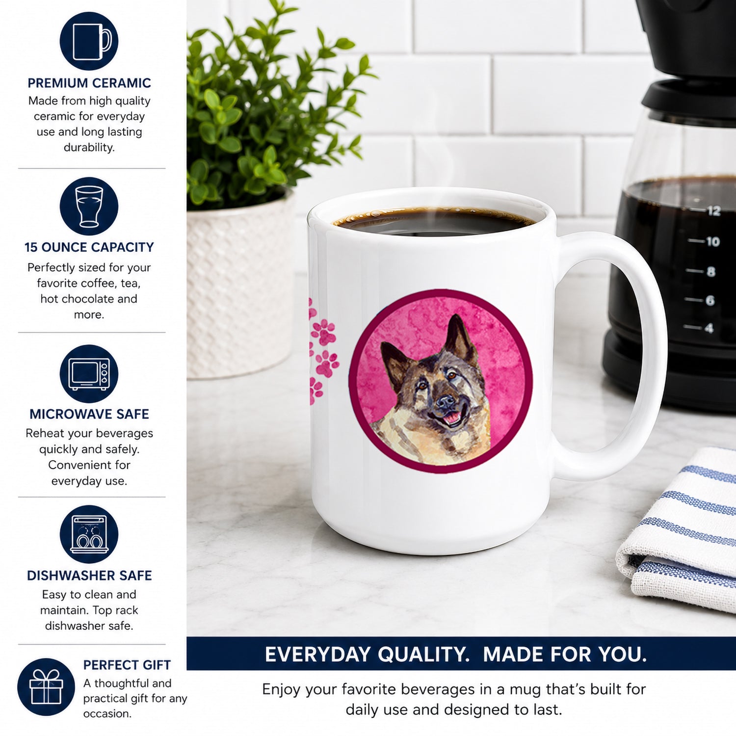 Pink Norwegian Elkhound Ceramic Coffee Mug 15 oz Decorative Large C Handle Mug Cup for Tea, Cocoa Hot Chocolate