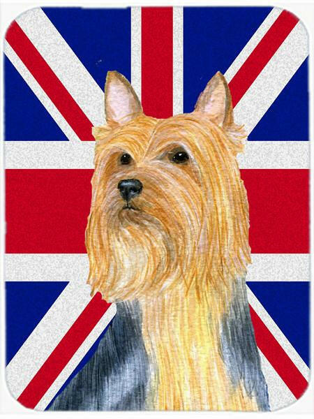 Silky Terrier with English Union Jack British Flag Cutting Board Tempered Glass Kitchen Cutting Surface, Heat Resistant Chopping, Non-Slip Feet, Food Prep & Serving
