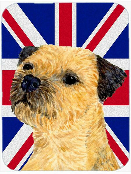Border Terrier with English Union Jack British Flag Cutting Board Tempered Glass Kitchen Cutting Surface, Heat Resistant Chopping, Non-Slip Feet, Food Prep & Serving
