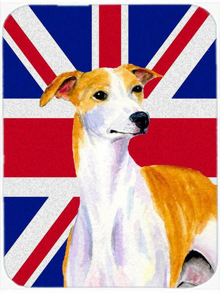 Whippet with English Union Jack British Flag Cutting Board Tempered Glass Kitchen Cutting Surface, Heat Resistant Chopping, Non-Slip Feet, Food Prep & Serving