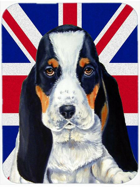Basset Hound with English Union Jack British Flag Cutting Board Tempered Glass Kitchen Cutting Surface, Heat Resistant Chopping, Non-Slip Feet, Food Prep & Serving