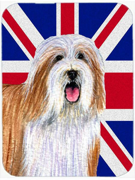 Bearded Collie with English Union Jack British Flag Cutting Board Tempered Glass Kitchen Cutting Surface, Heat Resistant Chopping, Non-Slip Feet, Food Prep & Serving